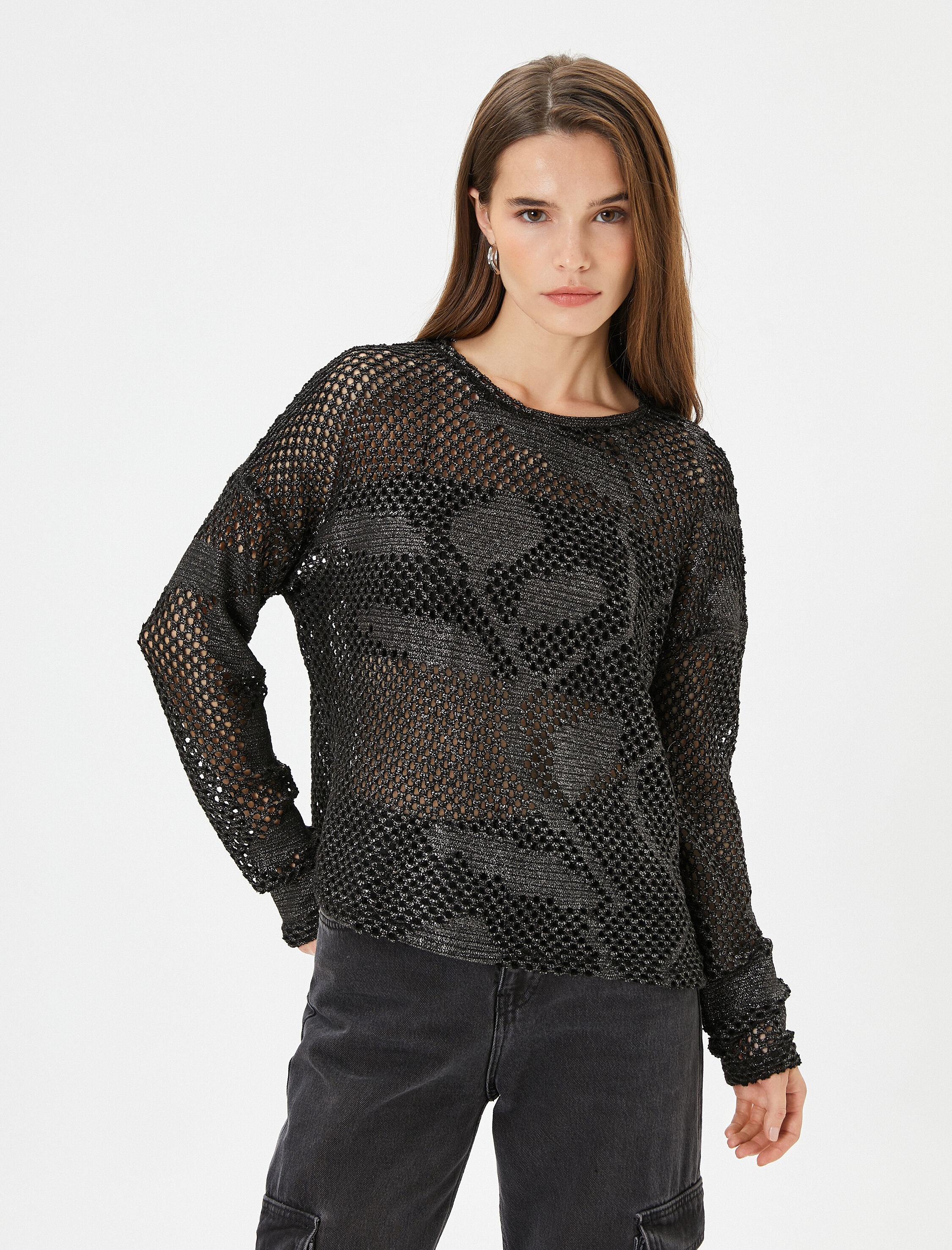   Ajurlu Triko Kazak Bisiklet Yaka Simli