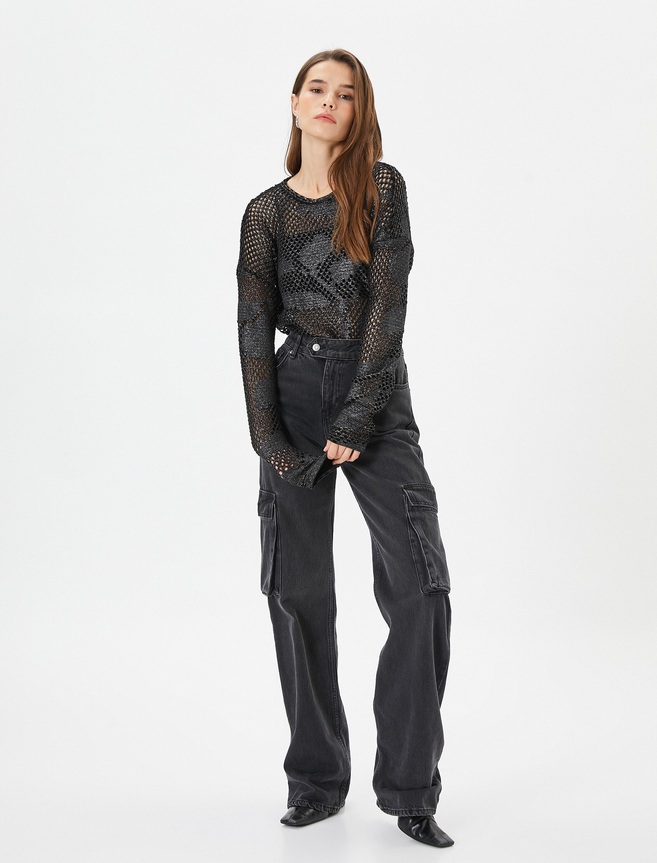   Ajurlu Triko Kazak Bisiklet Yaka Simli