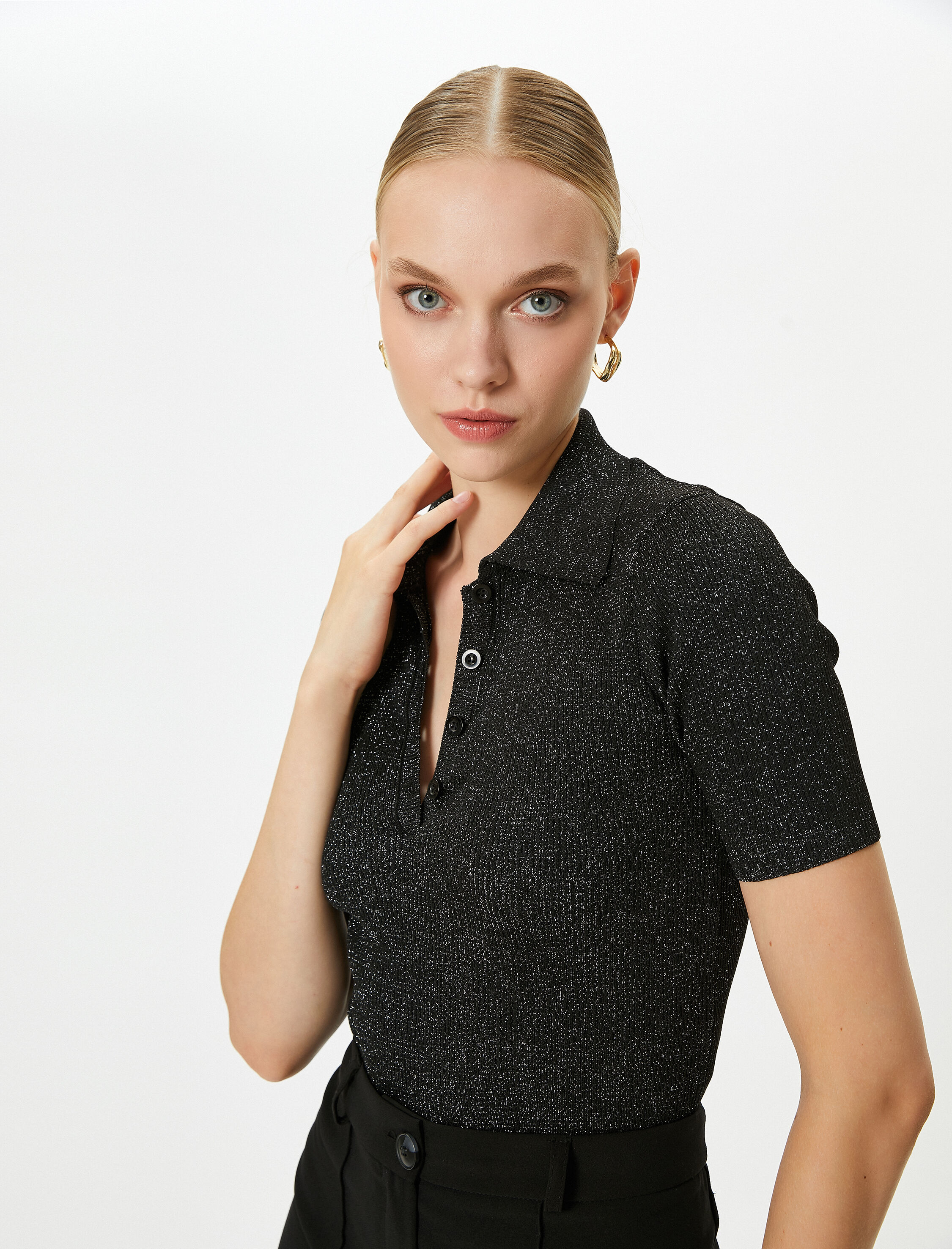   Polo Yaka Kazak Triko Simli Kısa Kollu Düğmeli