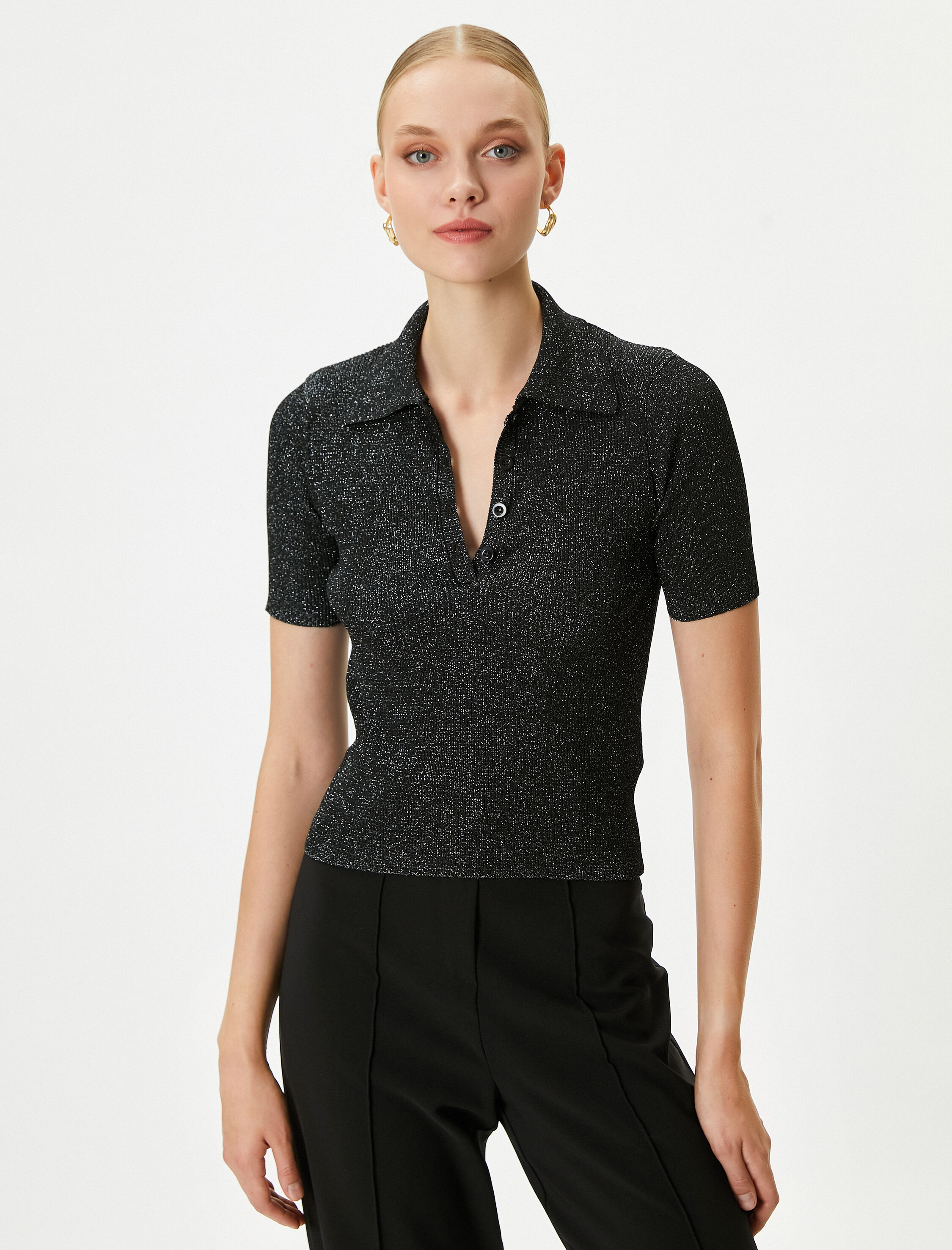   Polo Yaka Kazak Triko Simli Kısa Kollu Düğmeli