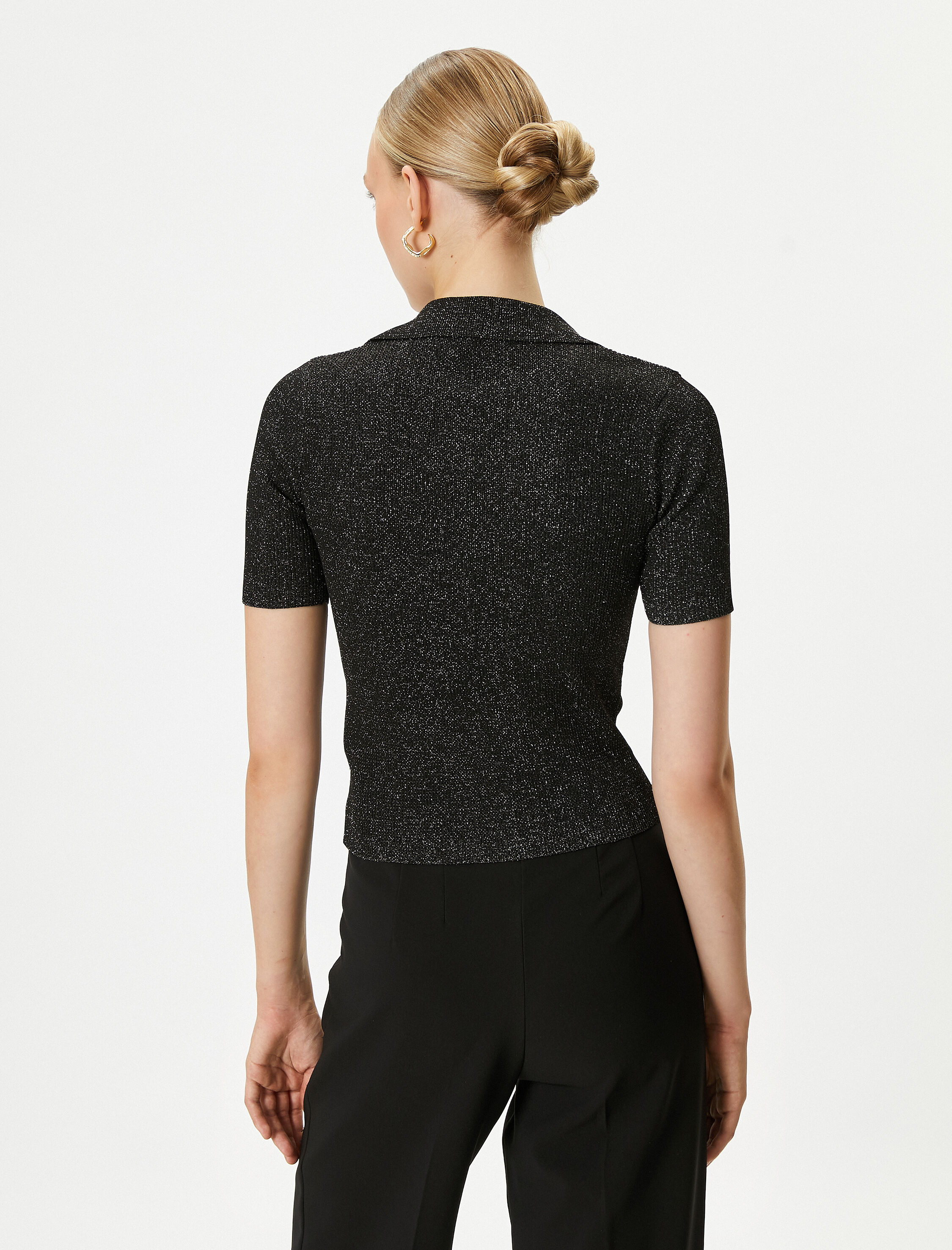   Polo Yaka Kazak Triko Simli Kısa Kollu Düğmeli