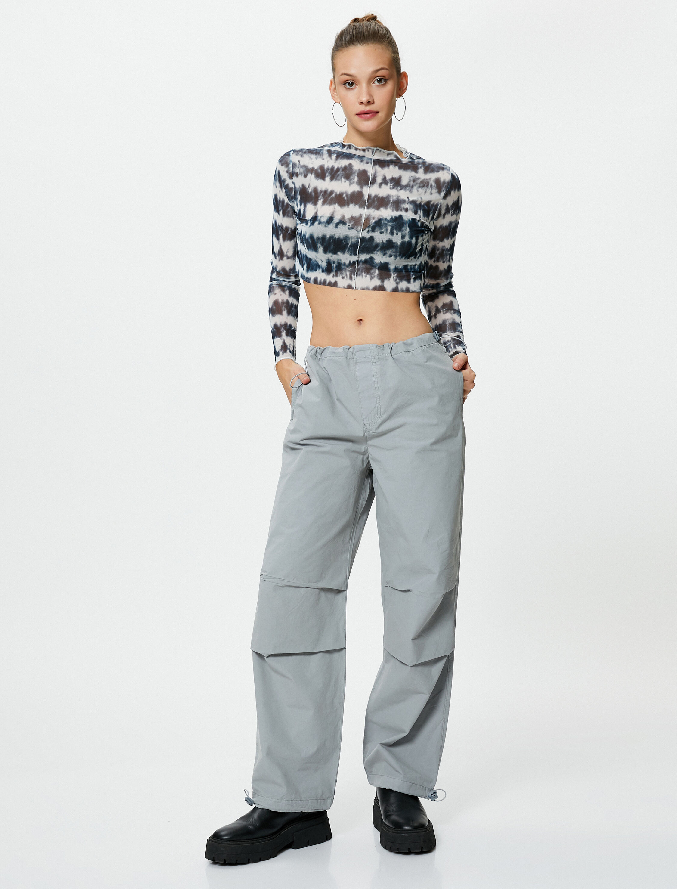   Oversize Paraşüt Pantolon Kat Detaylı Cepli Pamuklu