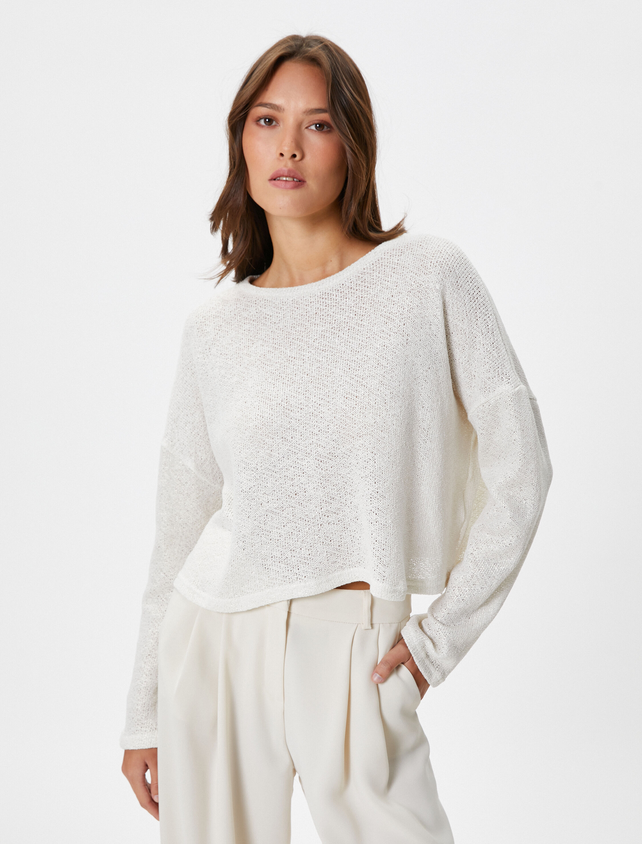   Uzun Kollu Tişört Bisiklet Yaka Düşük Omuzlu Pamuklu