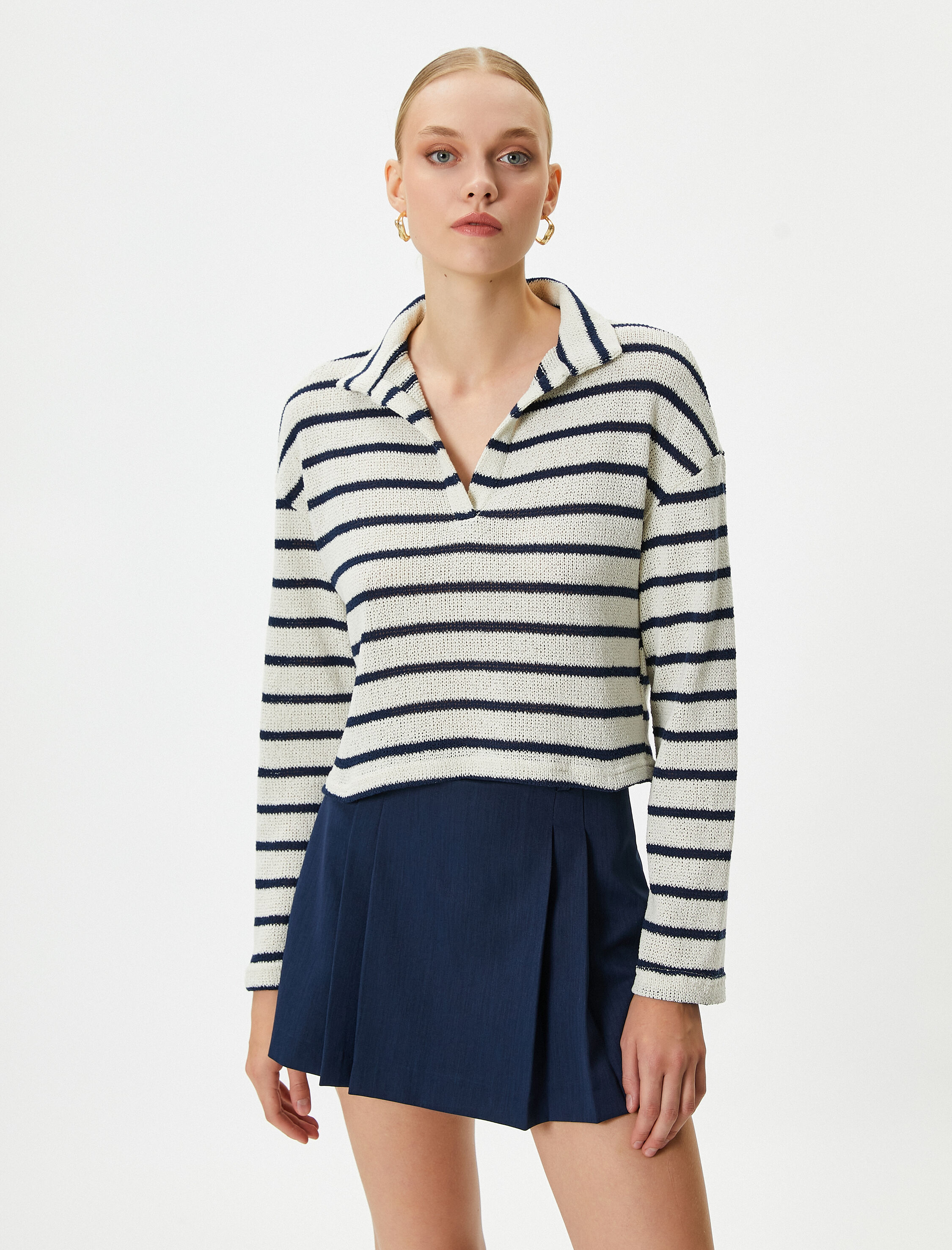   Polo Yaka Tişört Uzun Kollu Düşük Omuzlu