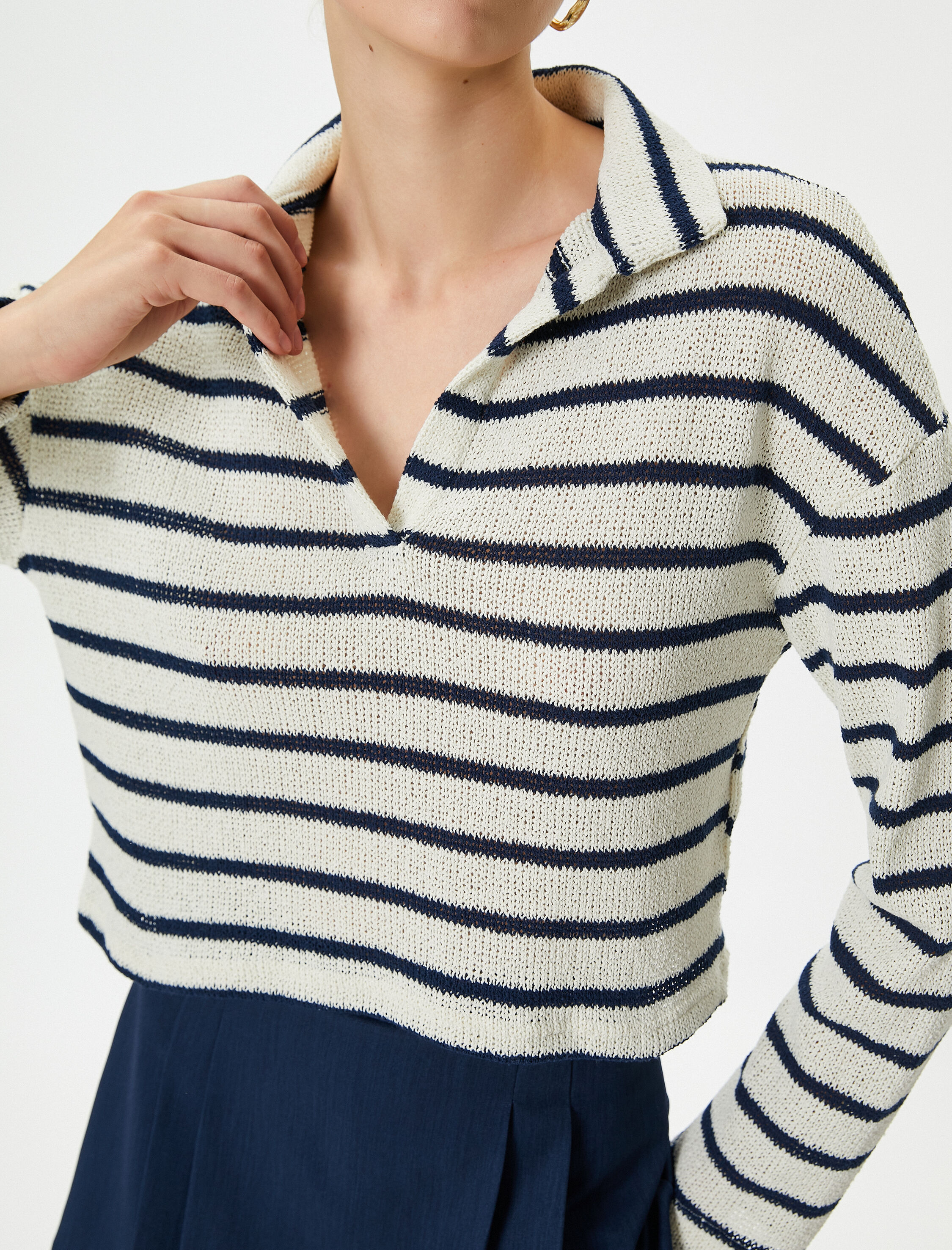   Polo Yaka Tişört Uzun Kollu Düşük Omuzlu