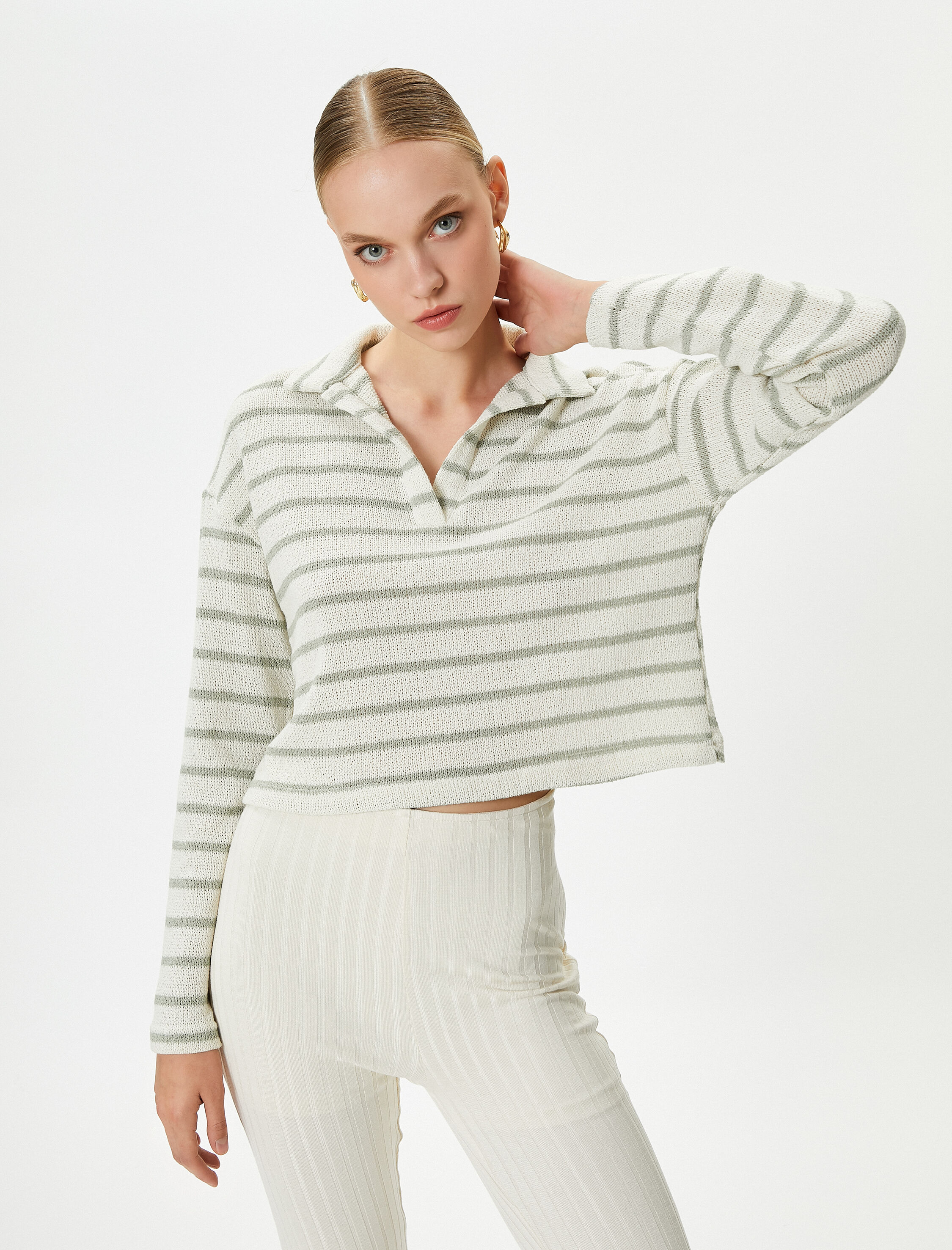   Polo Yaka Tişört Uzun Kollu Düşük Omuzlu