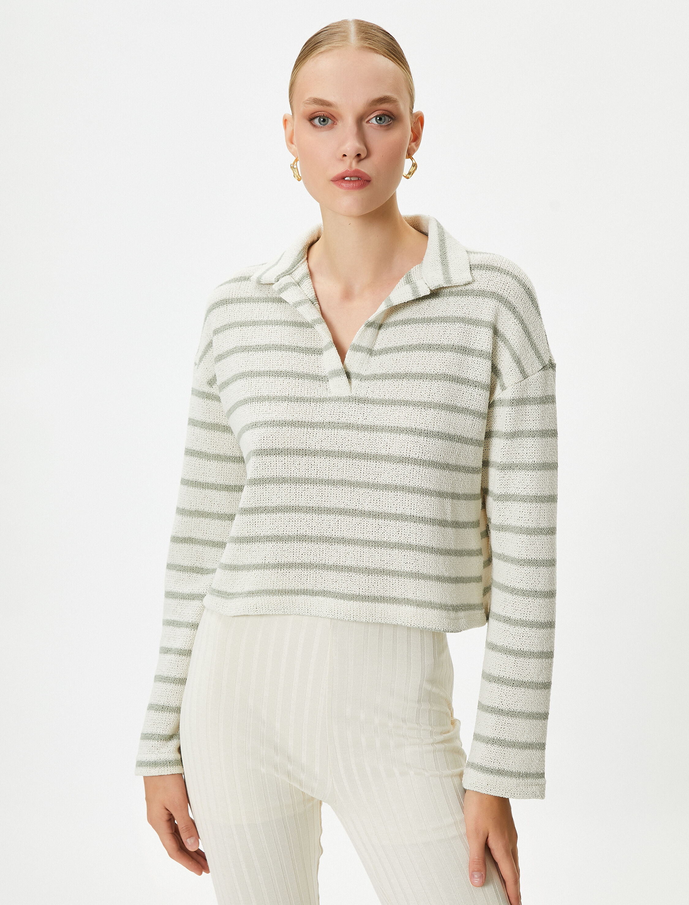   Polo Yaka Tişört Uzun Kollu Düşük Omuzlu