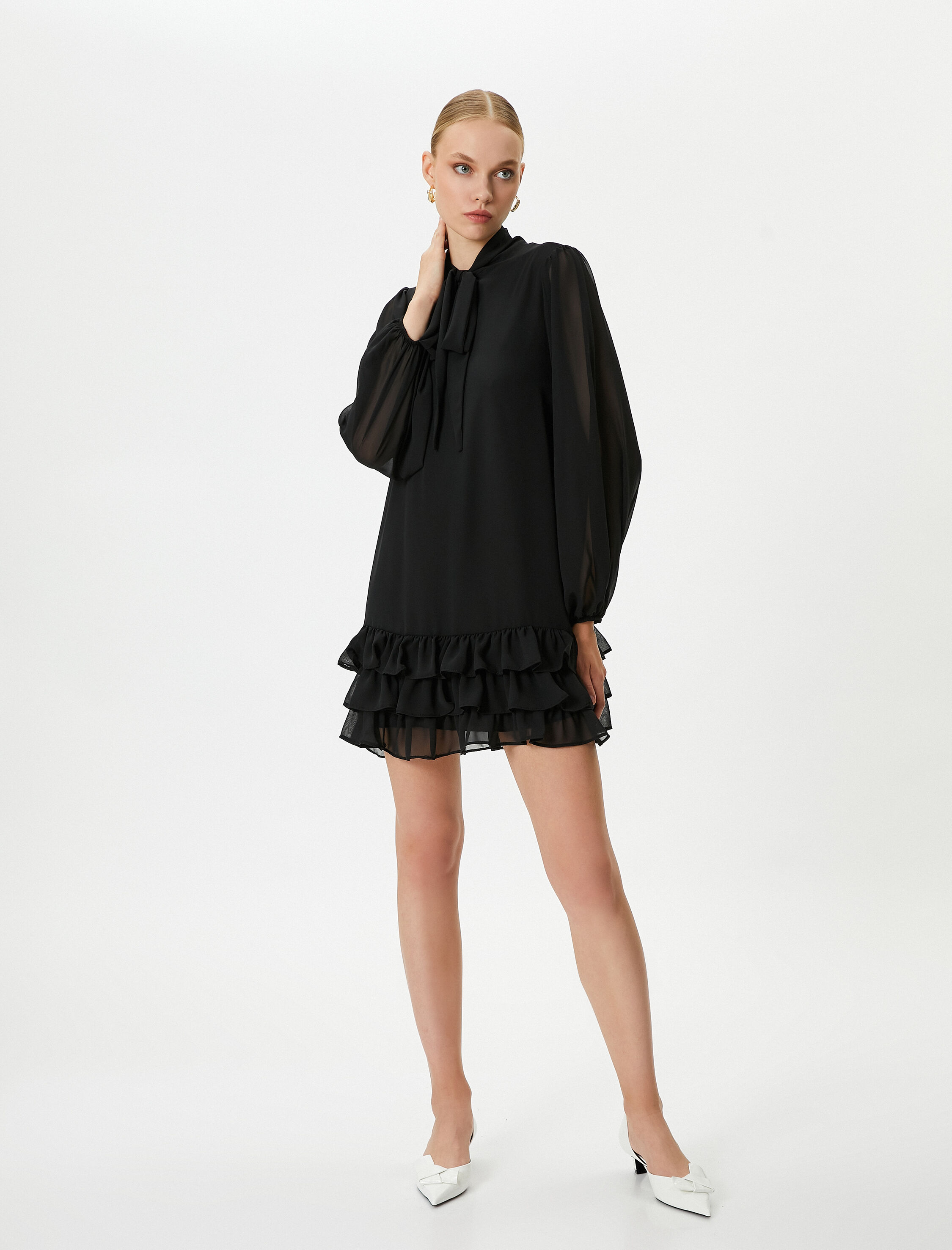   Balon Kol Şifon Elbise Mini Fular Yaka Fırfırlı