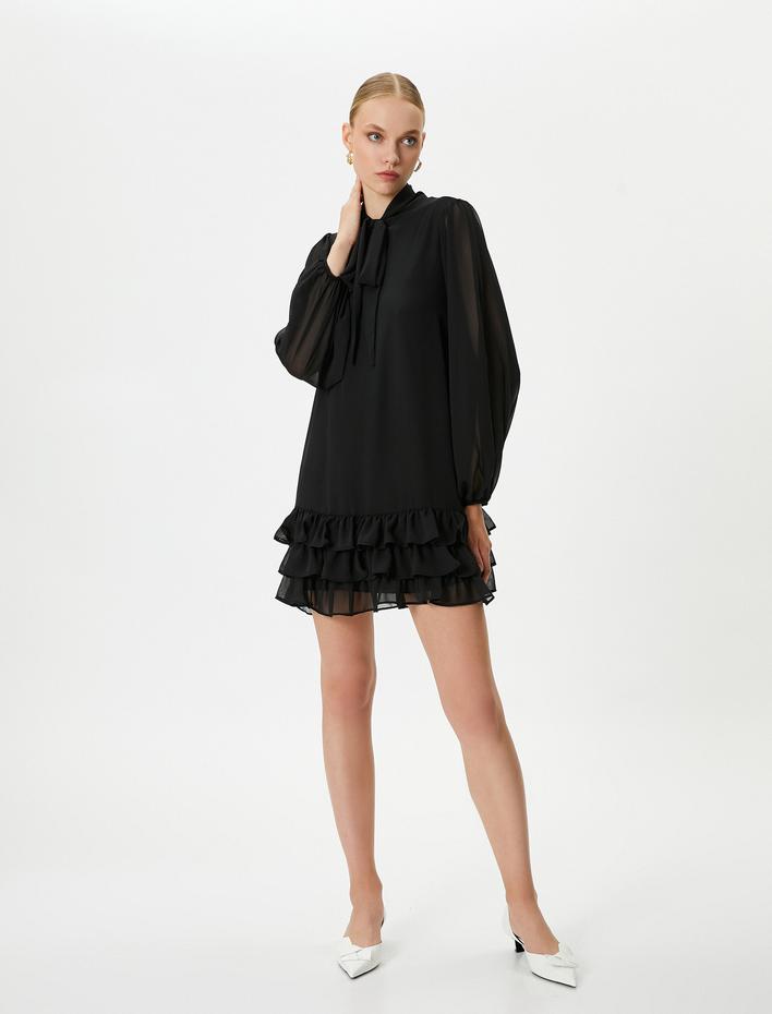  Balon Kol Şifon Elbise Mini Fular Yaka Fırfırlı