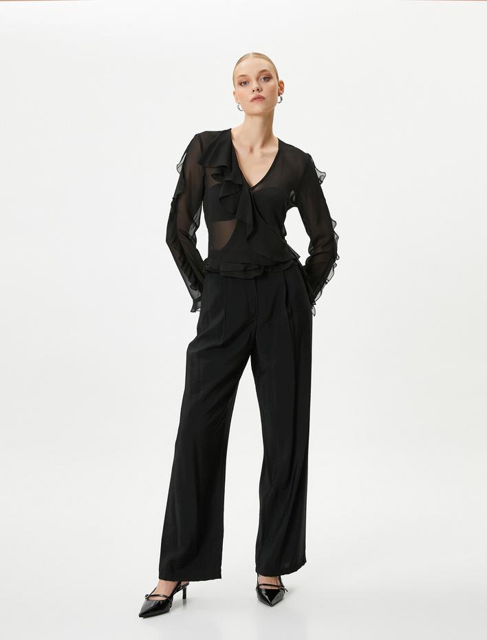  Şifon Transparan Bluz Fırfırlı V Yaka Uzun Kollu