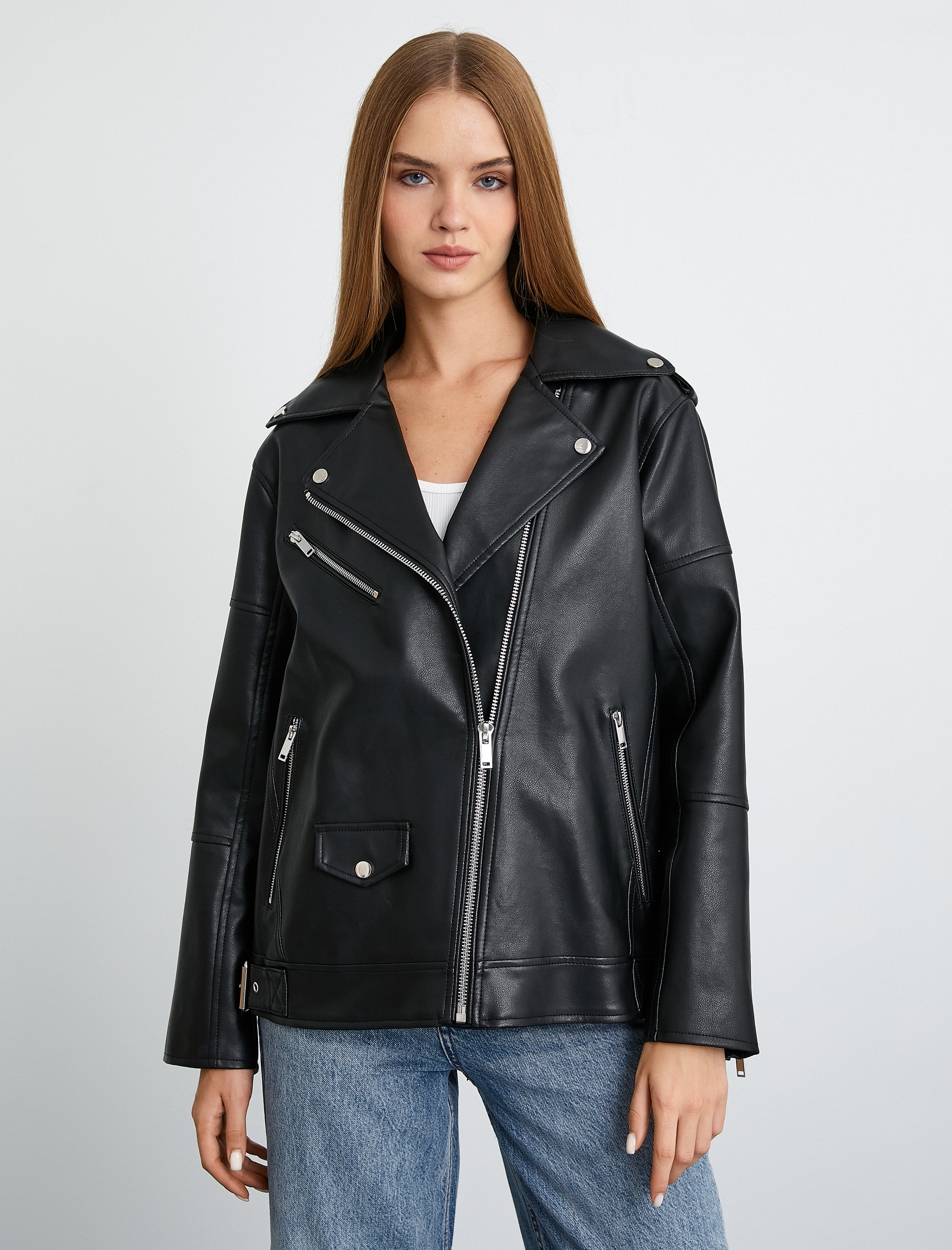   Oversize Biker Ceket Suni Deri Fermuarlı