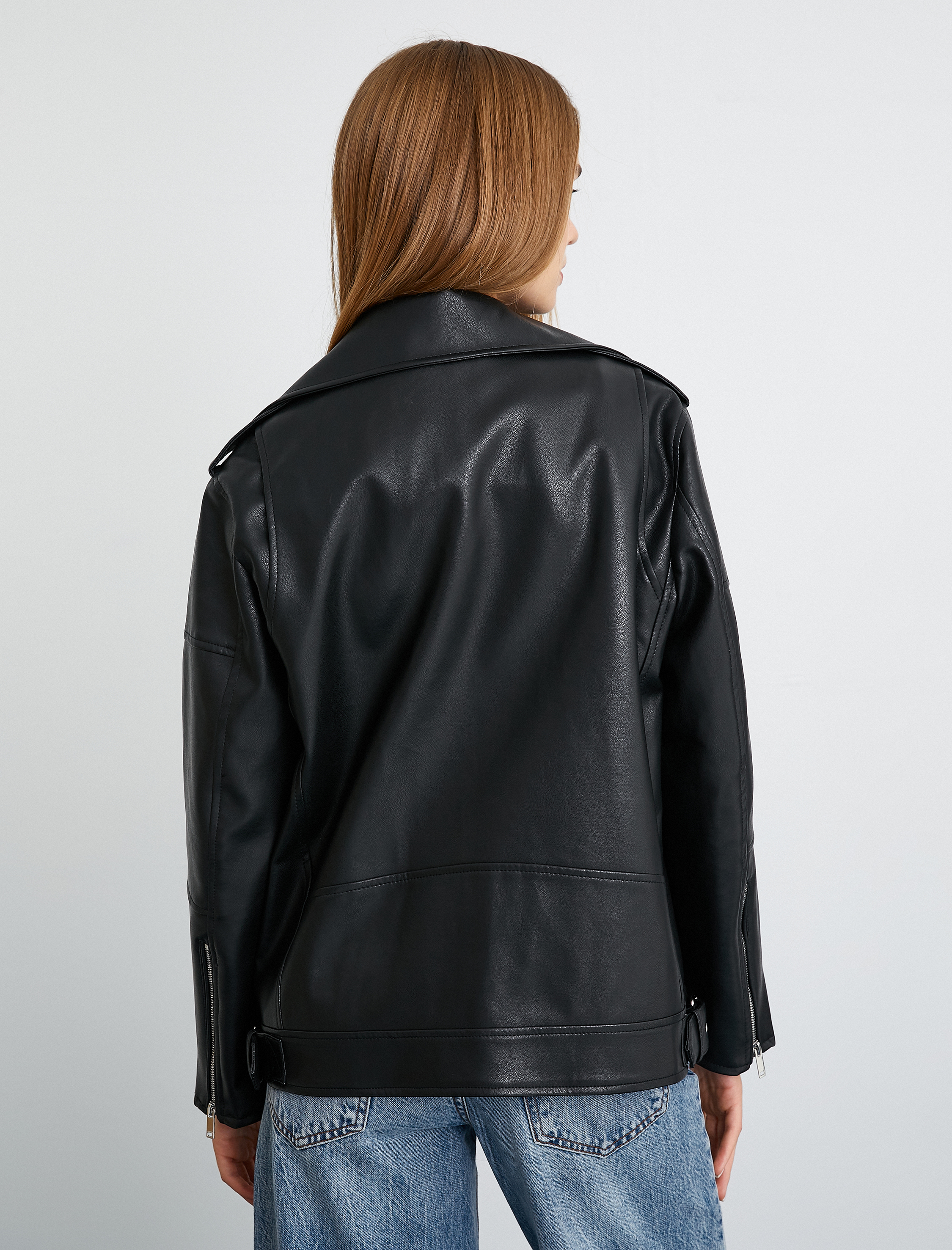   Oversize Biker Ceket Suni Deri Fermuarlı
