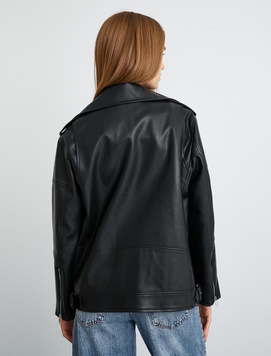   Oversize Biker Ceket Suni Deri Fermuarlı