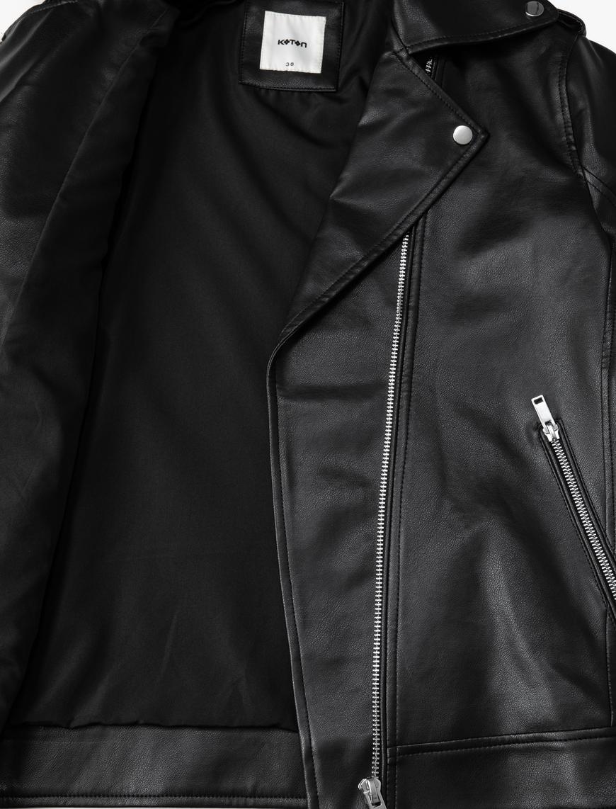   Oversize Biker Ceket Suni Deri Fermuarlı