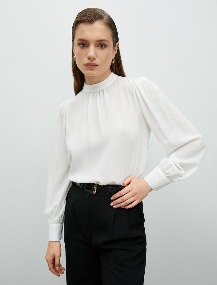  Dik Yaka Bluz Drape Detaylı Uzun Kollu
