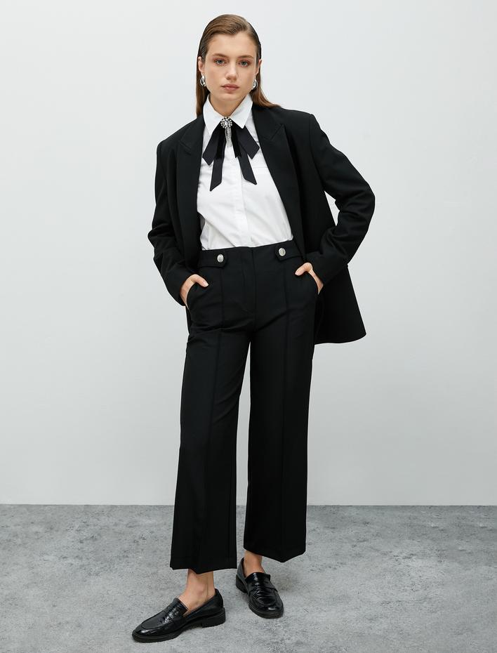  Kumaş Pantolon Crop Bol Paça Düğmeli Cep Detaylı