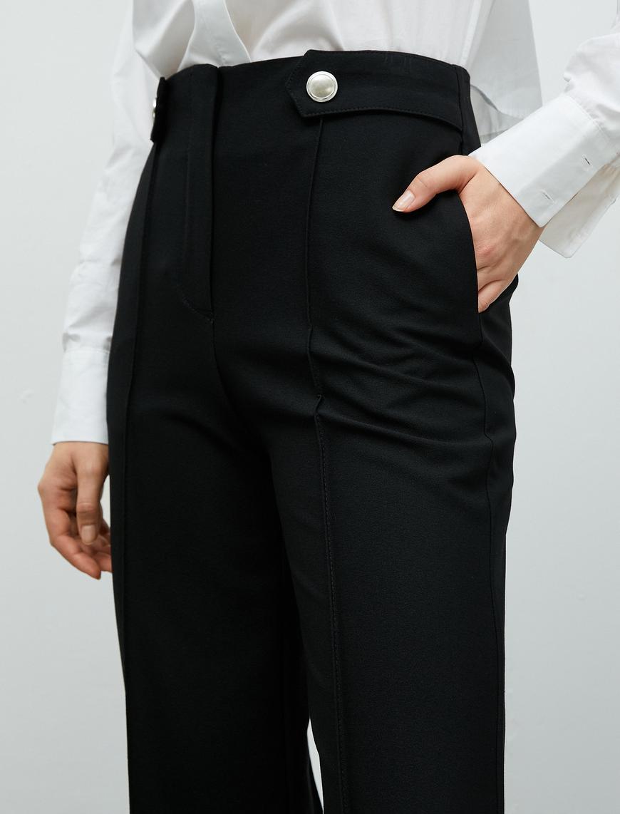   Kumaş Pantolon Crop Bol Paça Düğmeli Cep Detaylı