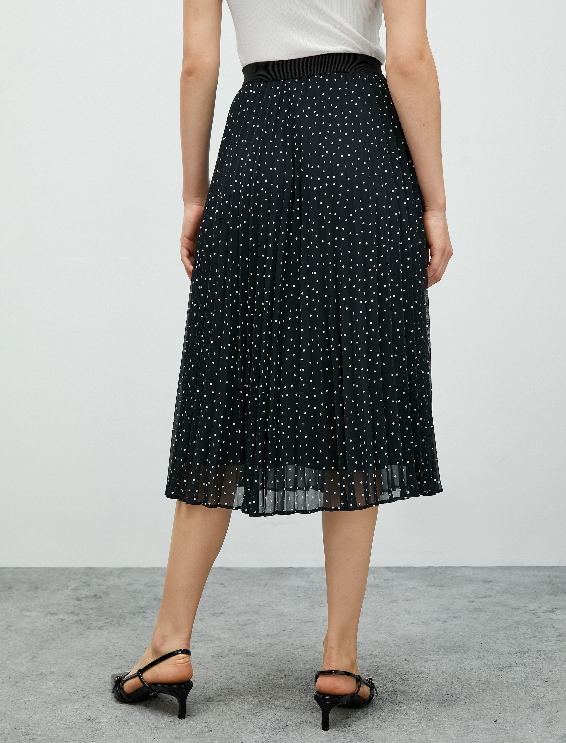   Midi Pileli Etek Şifon Puantiyeli Astarlı Yüksek Bel