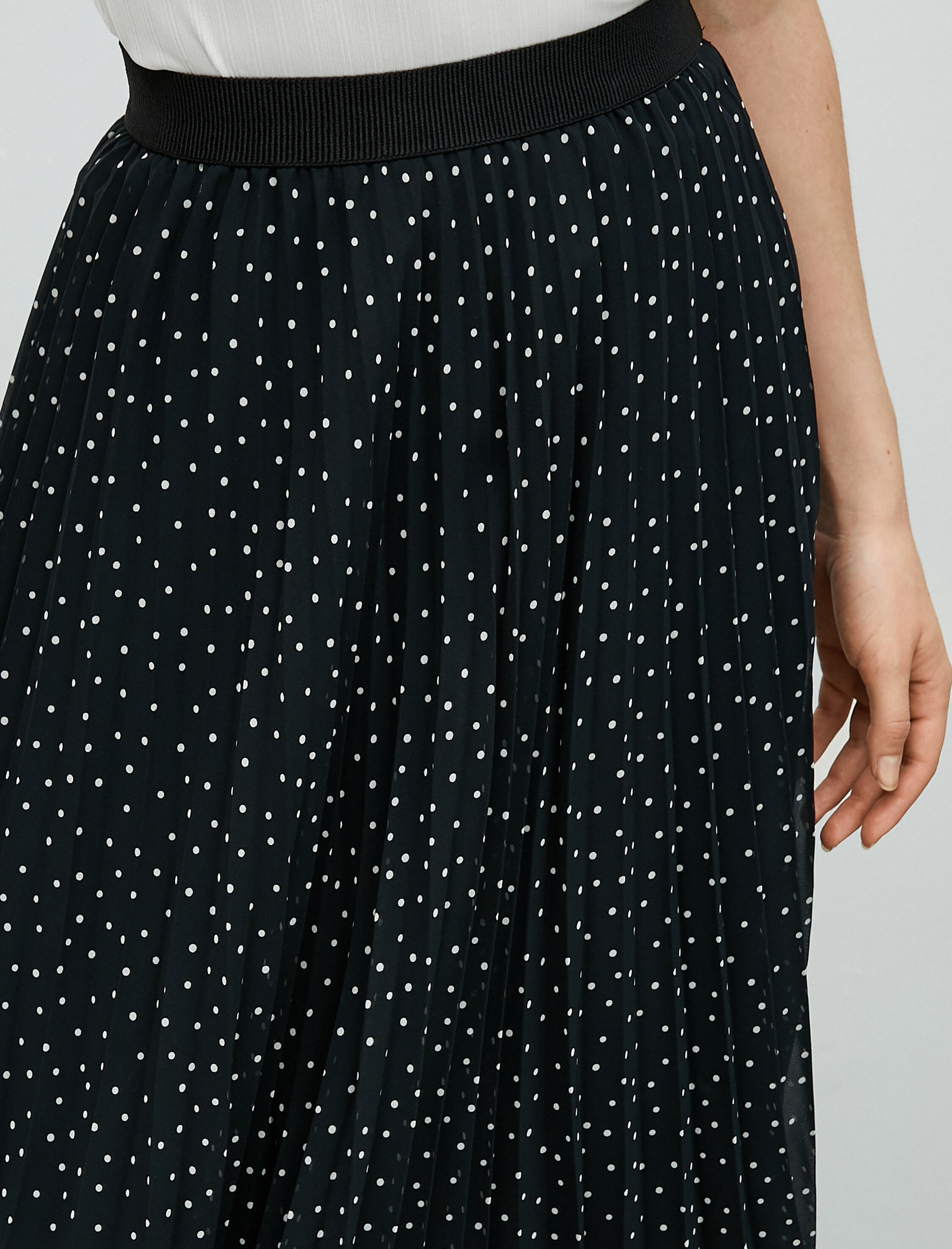   Midi Pileli Etek Şifon Puantiyeli Astarlı Yüksek Bel