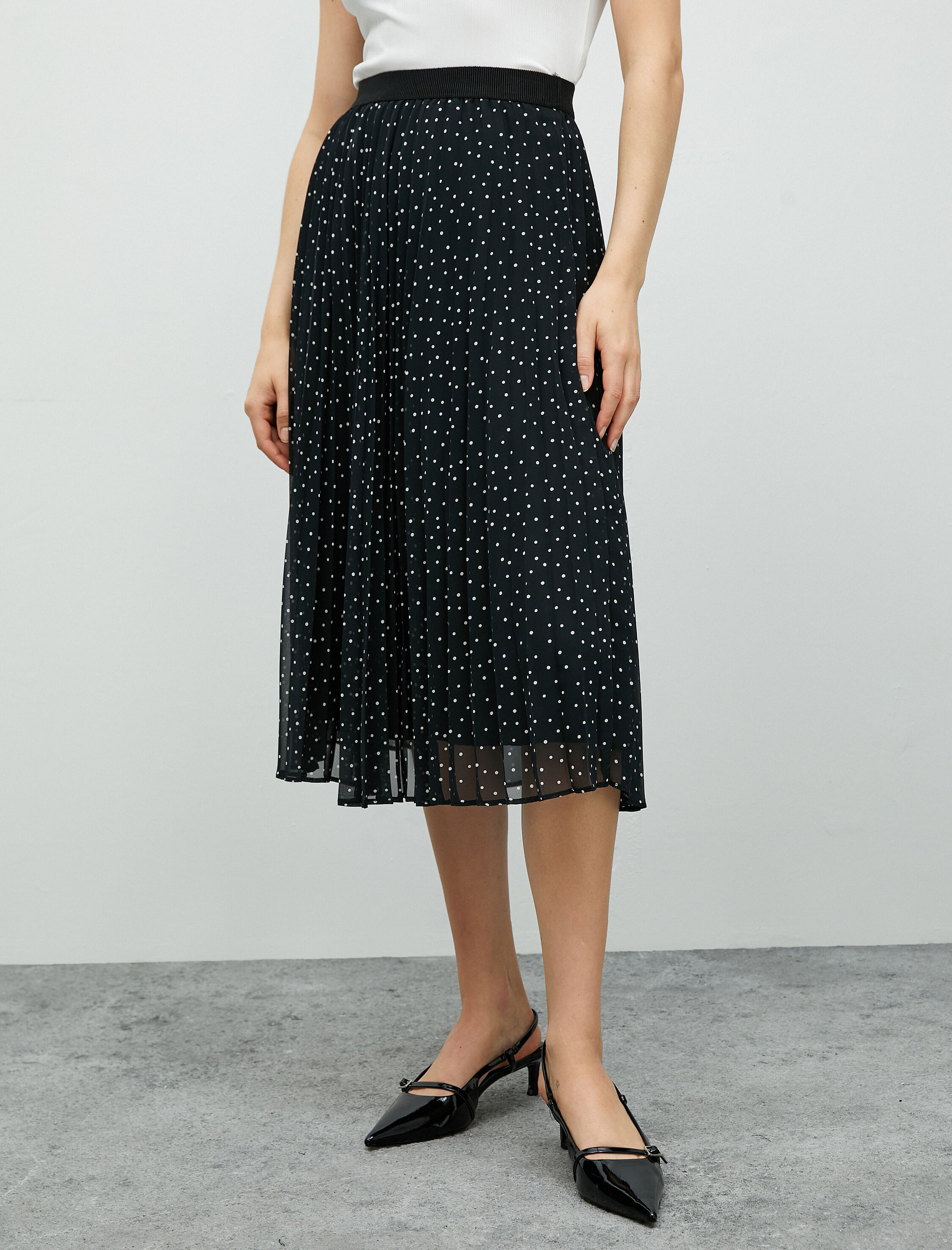   Midi Pileli Etek Şifon Puantiyeli Astarlı Yüksek Bel