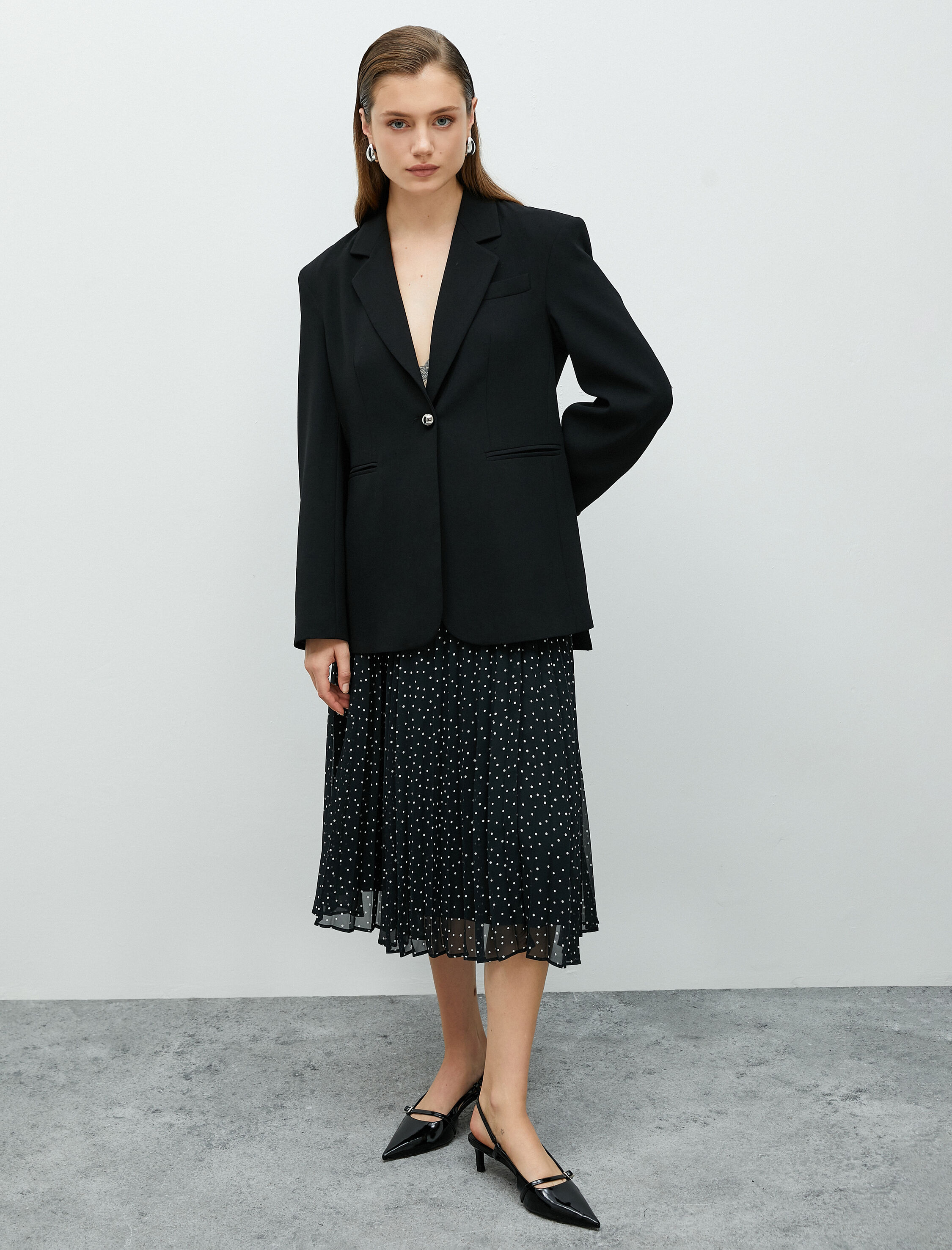   Midi Pileli Etek Şifon Puantiyeli Astarlı Yüksek Bel