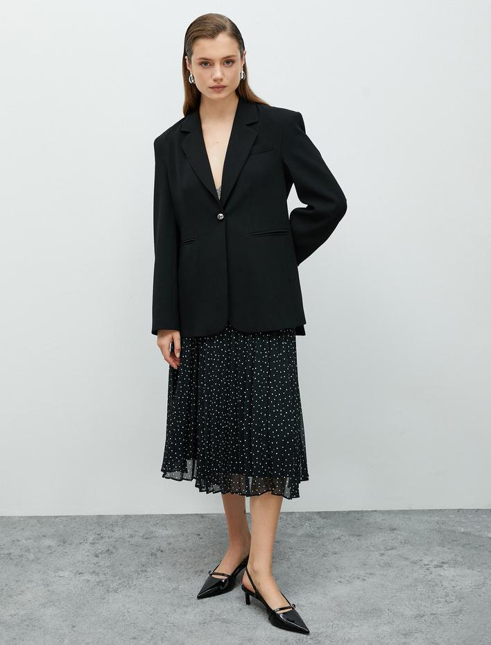  Midi Pileli Etek Şifon Puantiyeli Astarlı Yüksek Bel