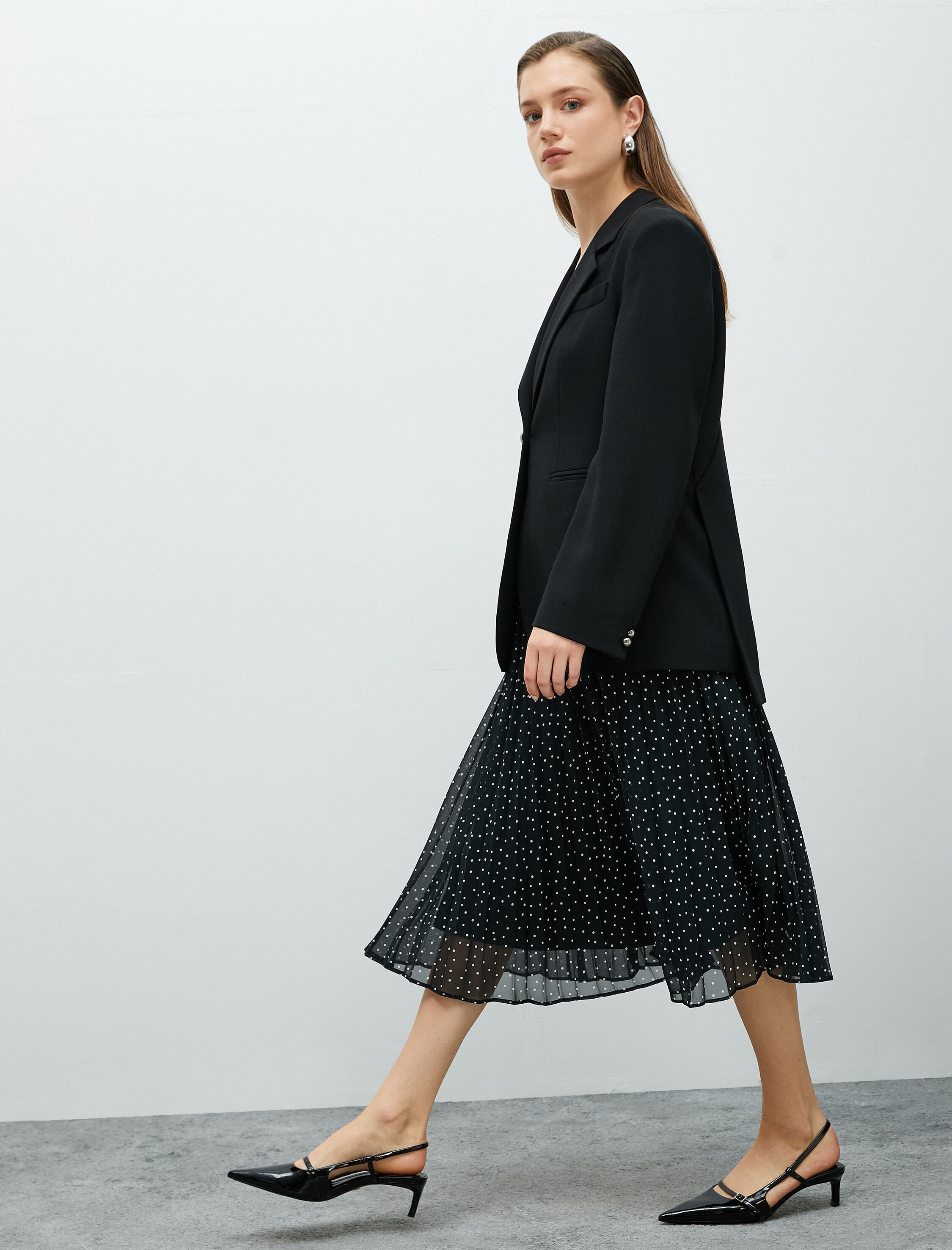   Midi Pileli Etek Şifon Puantiyeli Astarlı Yüksek Bel