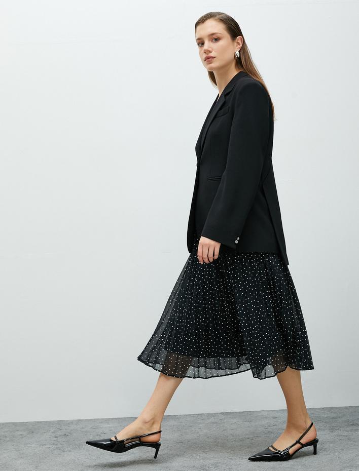  Midi Pileli Etek Şifon Puantiyeli Astarlı Yüksek Bel