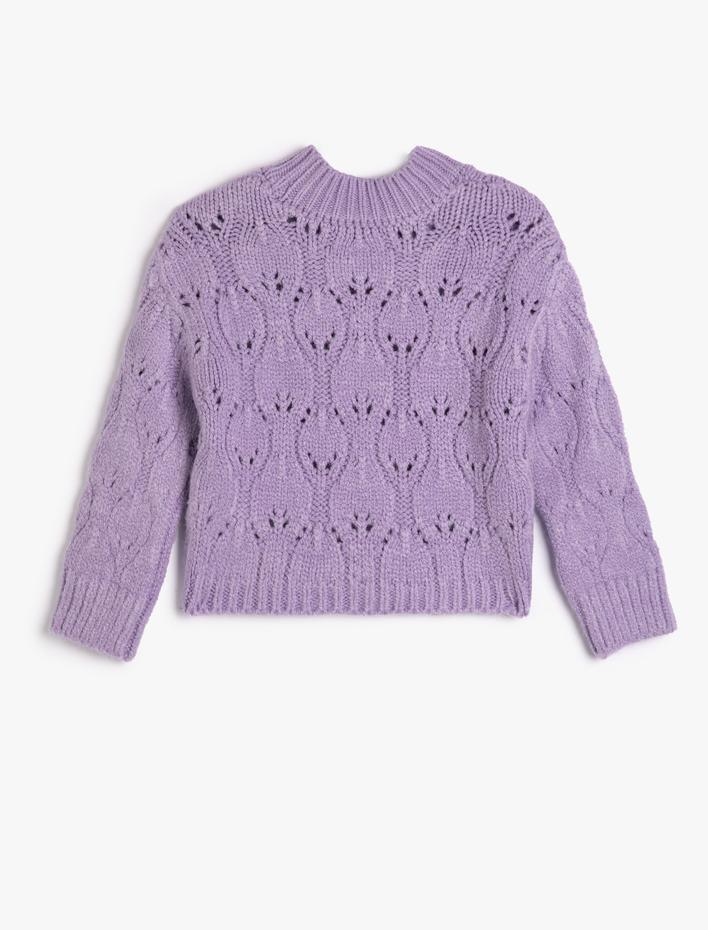 Kız Çocuk Örgü Kazak Ajurlu Yuvarlak Yaka Uzun Kollu Yumuşak Dokulu