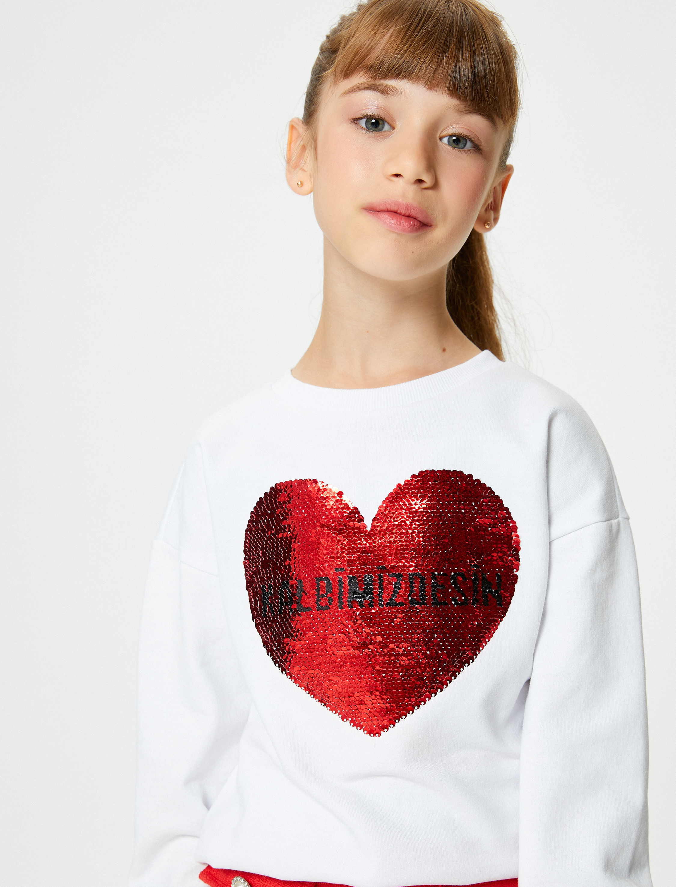  Kız Çocuk Atatürk Baskılı Sweatshirt Çift Taraflı Payetli Uzun Kollu Şardonlu