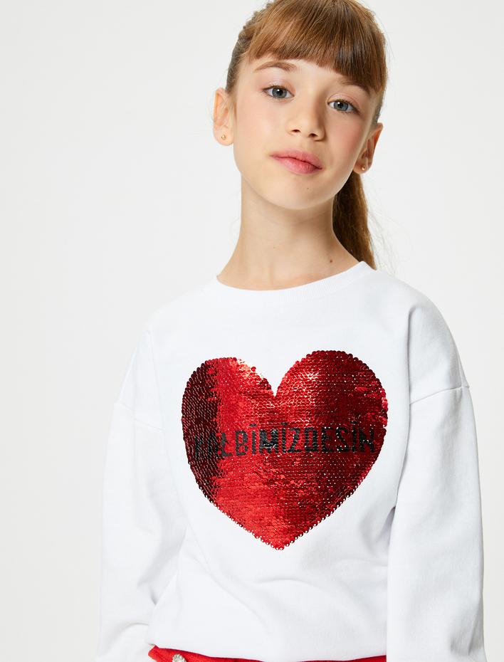 Kız Çocuk Atatürk Baskılı Sweatshirt Çift Taraflı Payetli Uzun Kollu Şardonlu