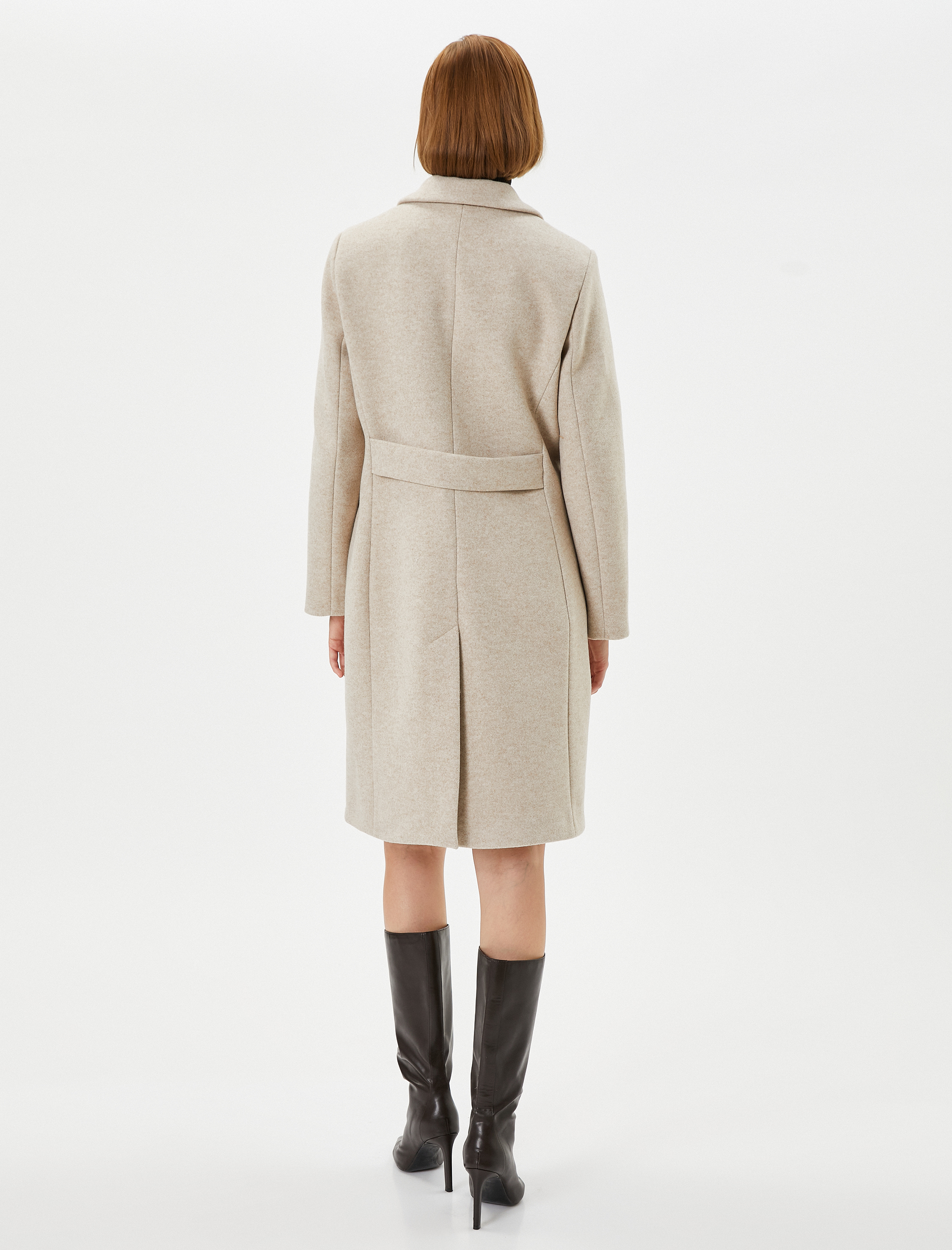   Uzun Kaşe Kaban Kruvaze Kapama Düğmeli Cep Detaylı Kuşaklı