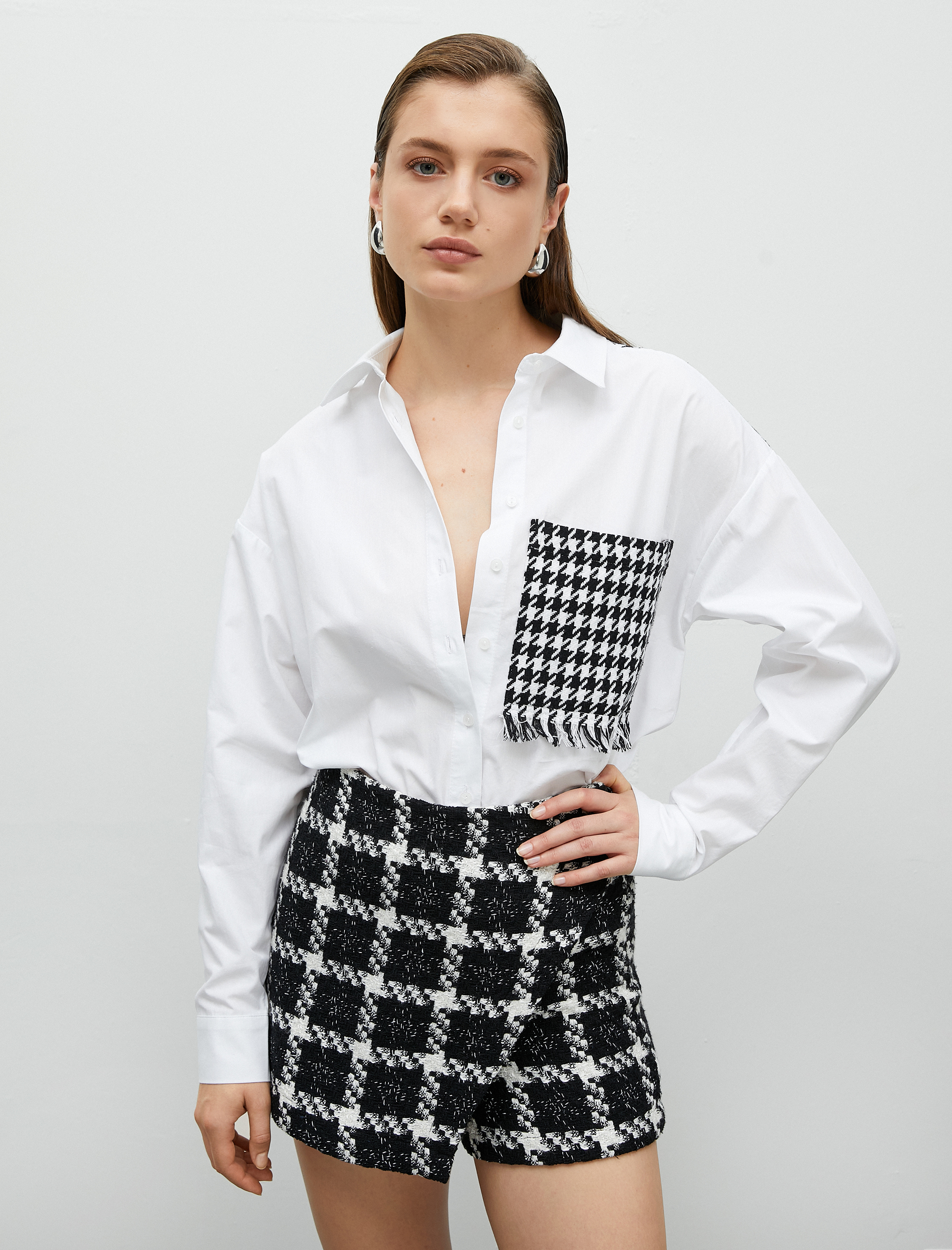   Gömlek Kazayağı Tüvit Çift Kumaş Detaylı Aplike Cep Detaylı Uzun Kollu Pamuklu