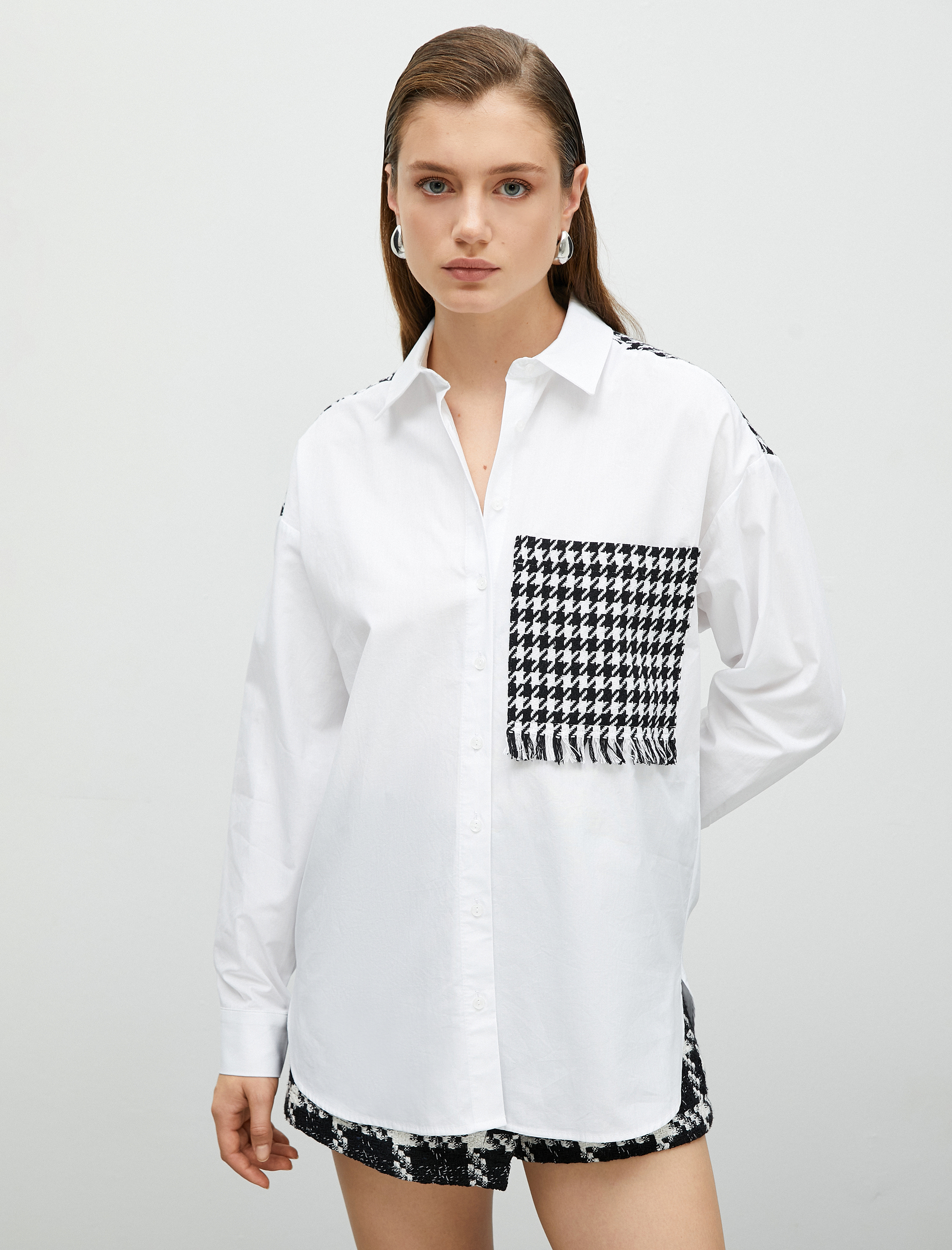   Gömlek Kazayağı Tüvit Çift Kumaş Detaylı Aplike Cep Detaylı Uzun Kollu Pamuklu