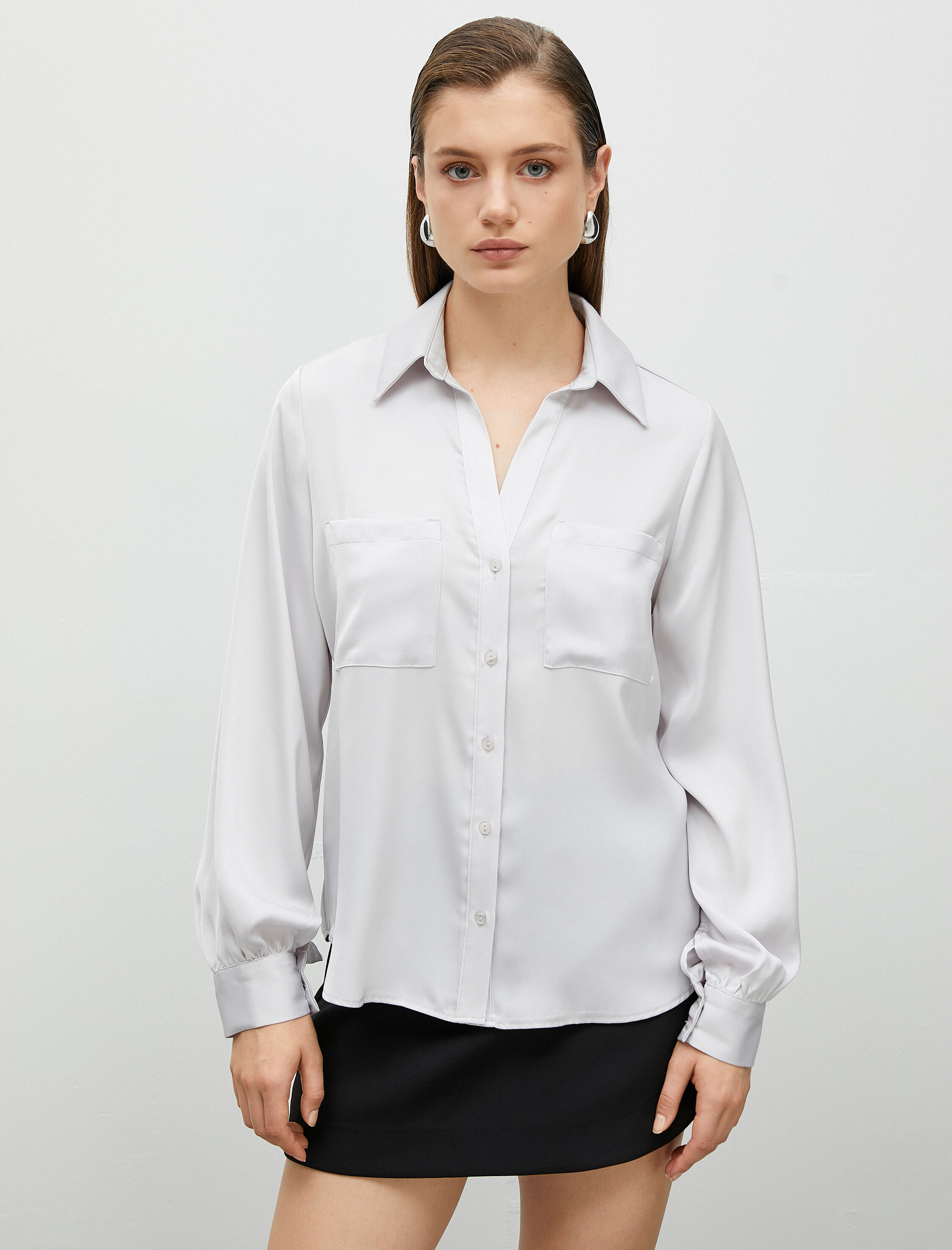   Balon Kol Gömlek Çift Cepli Düğmeli Klasik Yaka