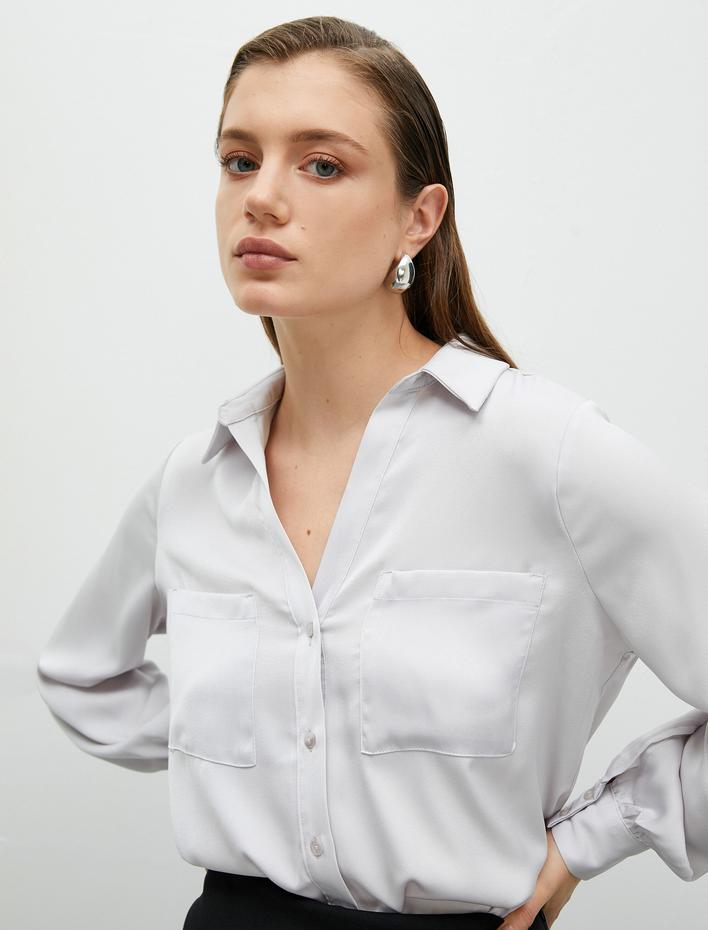  Balon Kol Gömlek Çift Cepli Düğmeli Klasik Yaka