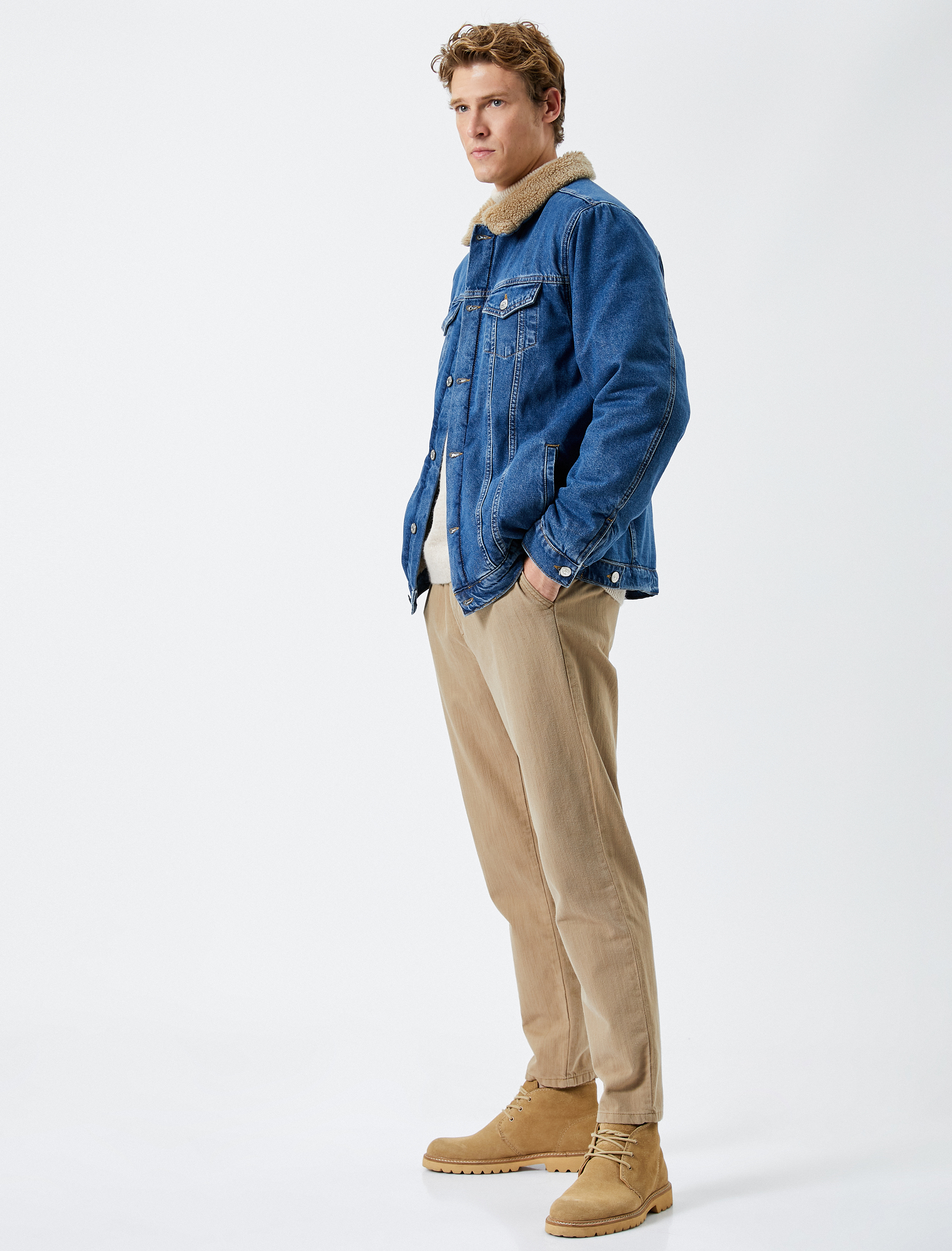   Kot Ceket İçi Suni Kürklü Yaka Detaylı Kapaklı Çift Cepli