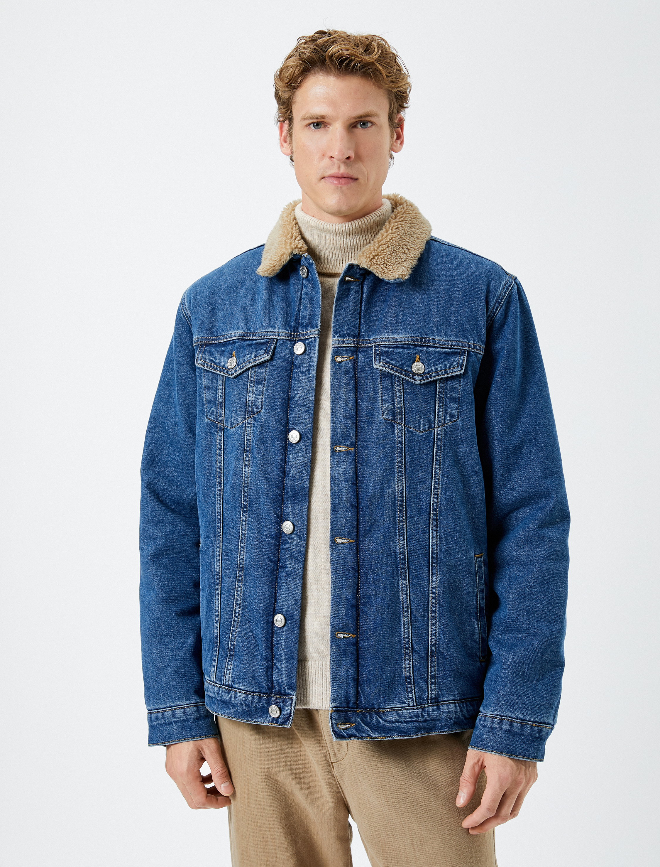   Kot Ceket İçi Suni Kürklü Yaka Detaylı Kapaklı Çift Cepli