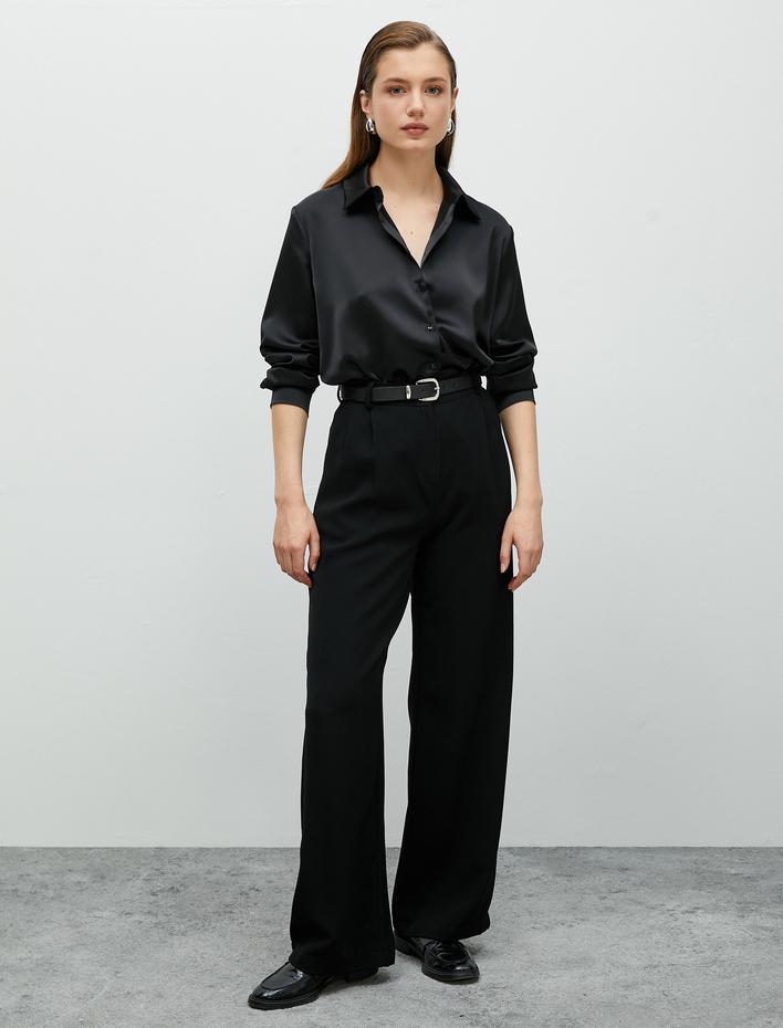  Saten Gömlek Düğmeli Uzun Kollu Klasik Yaka