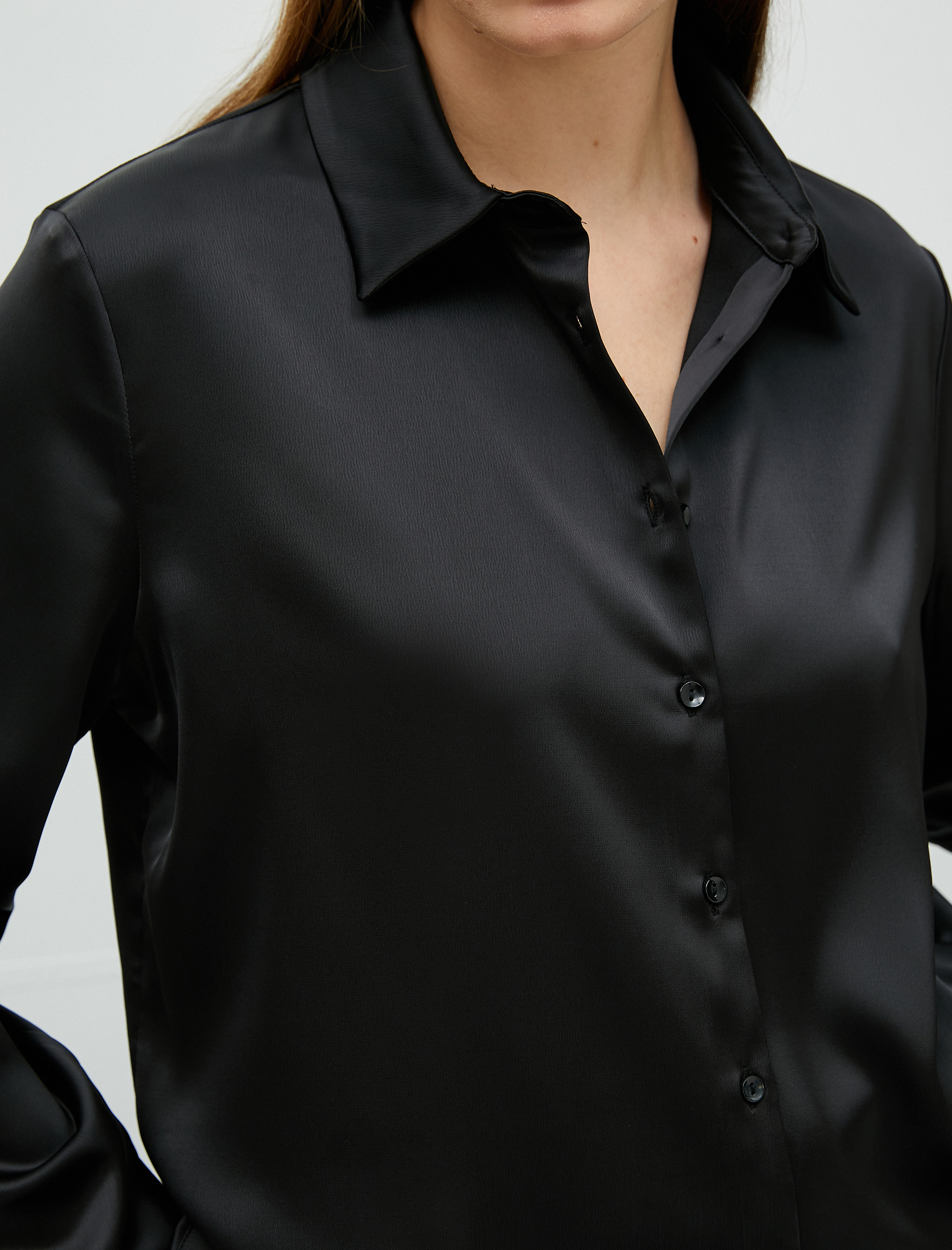   Saten Gömlek Düğmeli Uzun Kollu Klasik Yaka