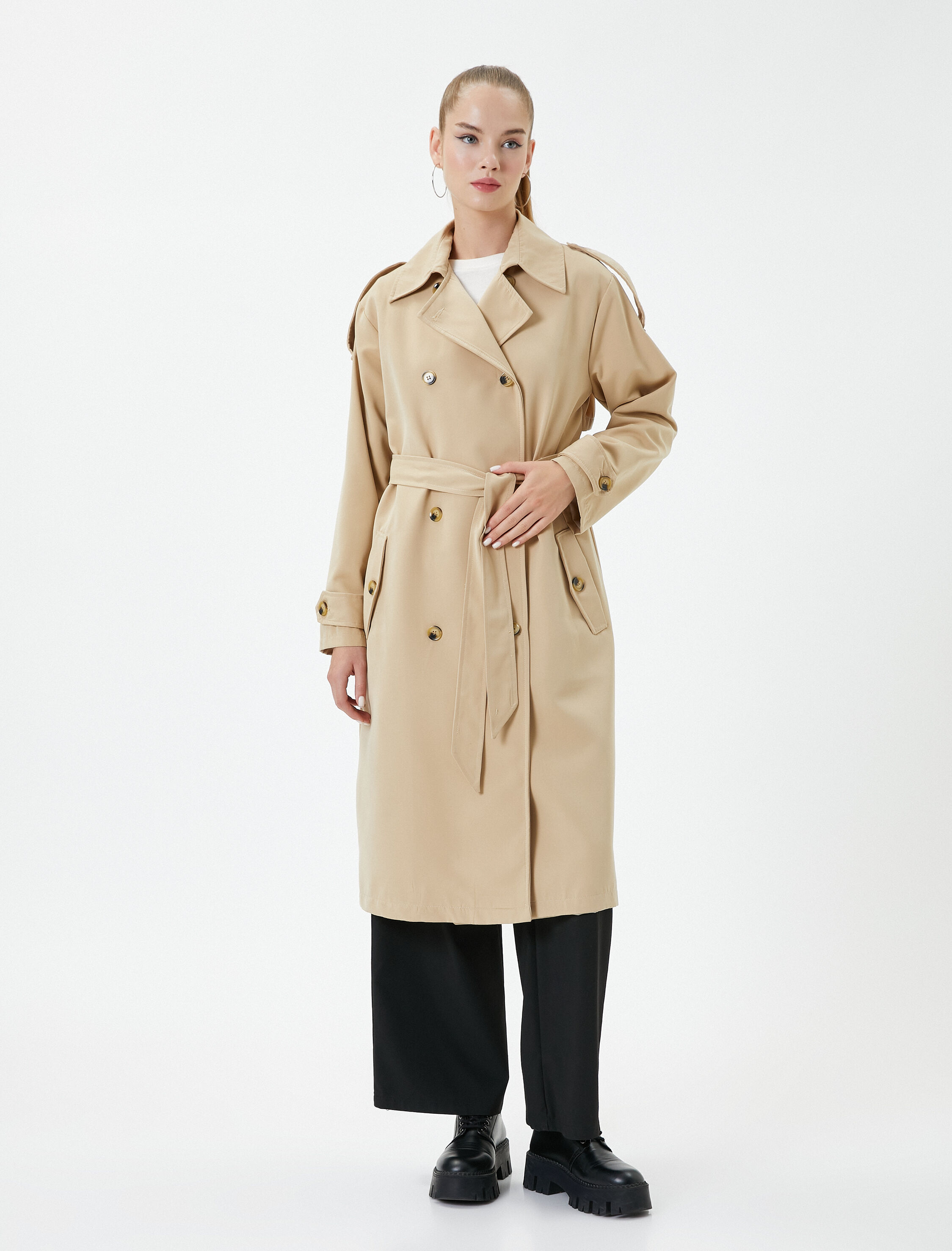 Trençkot Kruvaze Yaka Ekstra Uzun Fileto Çift Cep Kemer Detaylı