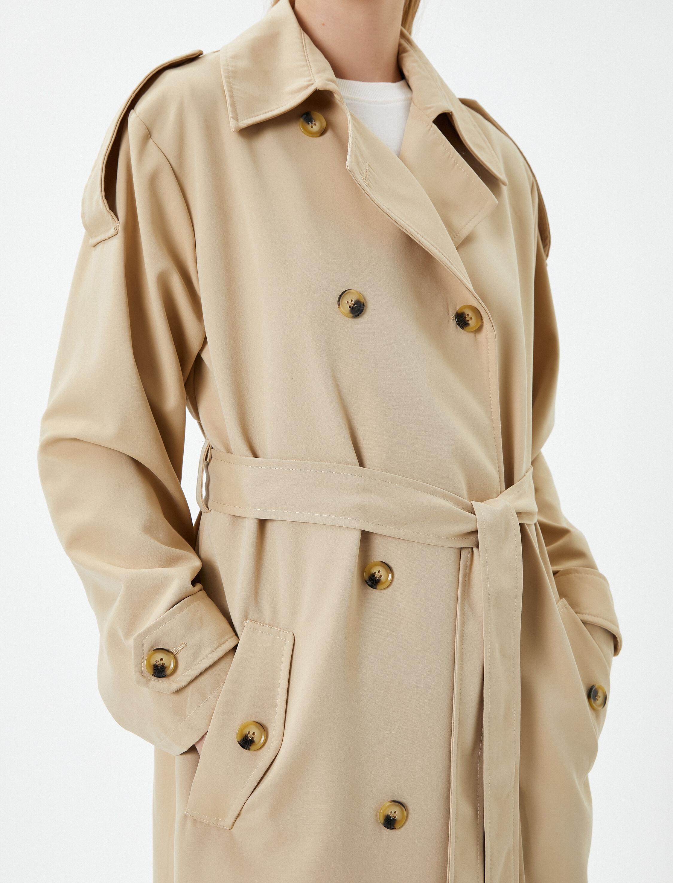 Trençkot Kruvaze Yaka Ekstra Uzun Fileto Çift Cep Kemer Detaylı