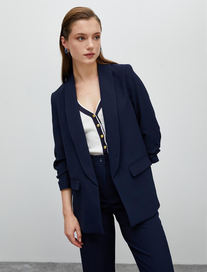  Blazer Ceket Şal Yaka Kapaklı Cepli Kolları Büzgülü