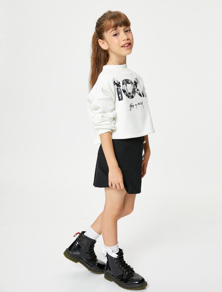 Kız Çocuk Cumhuriyet Baskılı Crop Sweatshirt Uzun Kollu Bisiklet Yaka Şardonlu