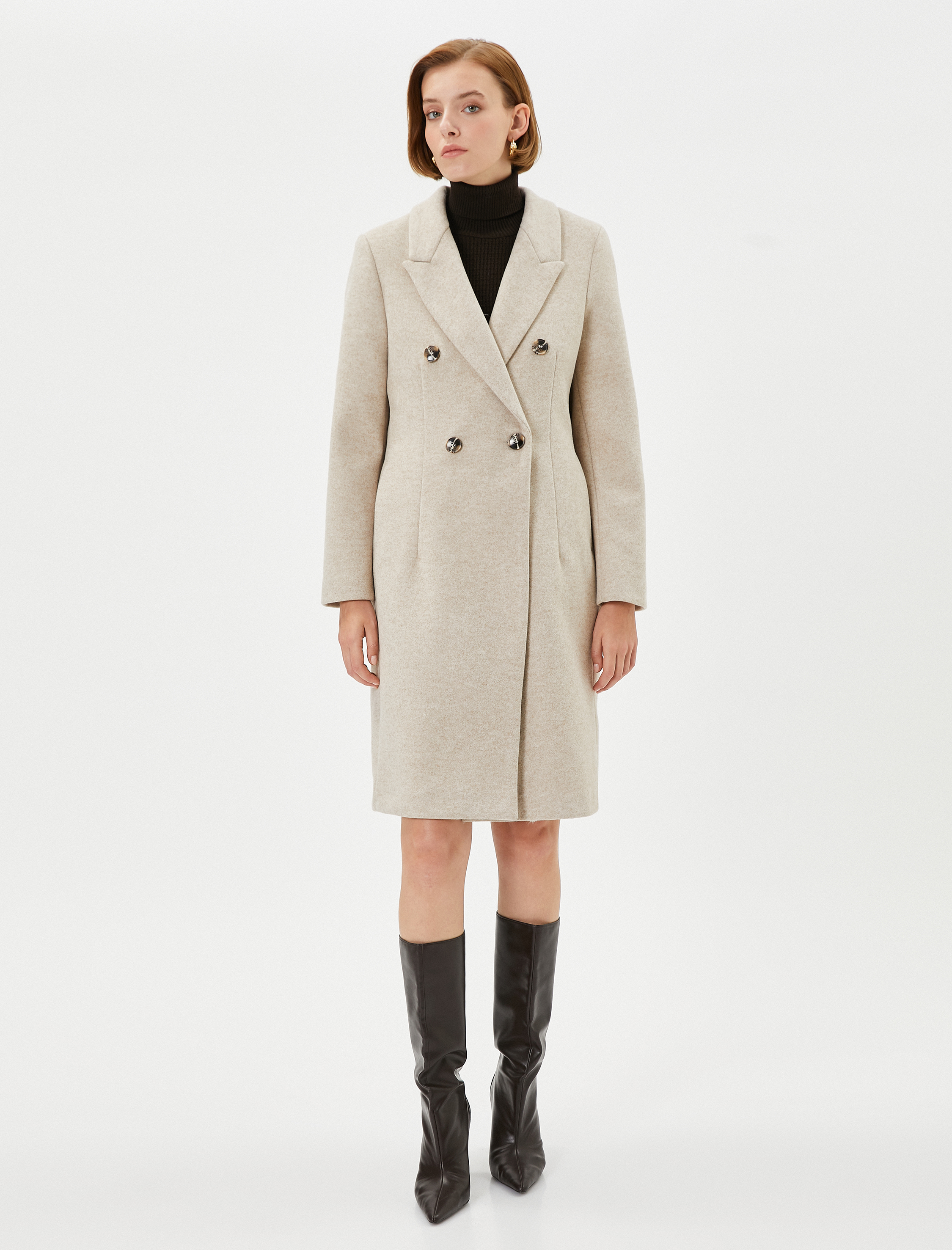   Uzun Kaşe Kaban Kruvaze Kapama Düğmeli Cep Detaylı Kuşaklı