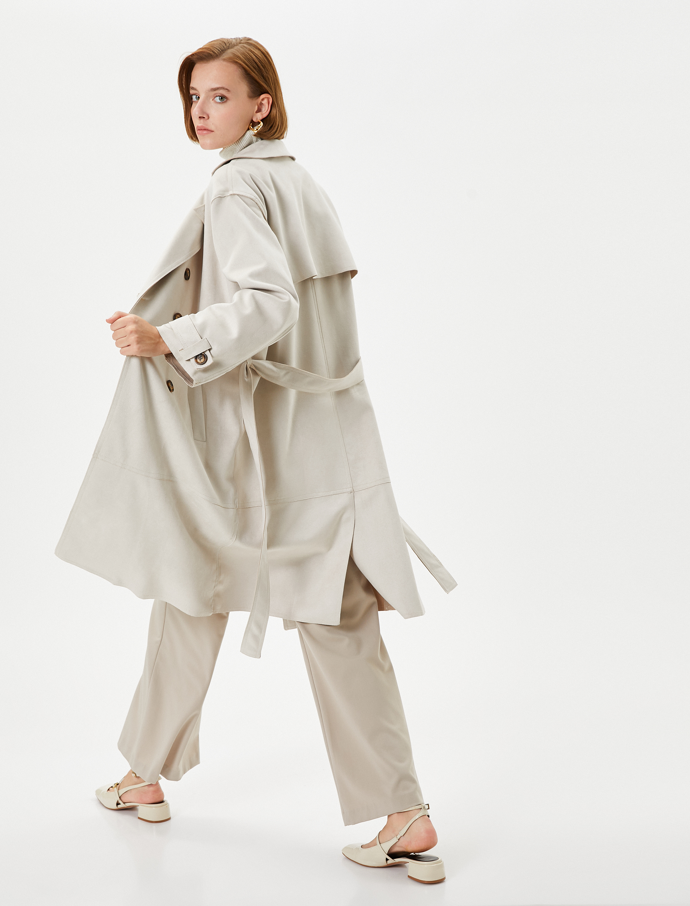   Trençkot Kruvaze Düğmeli Beli Kuşaklı Cepli