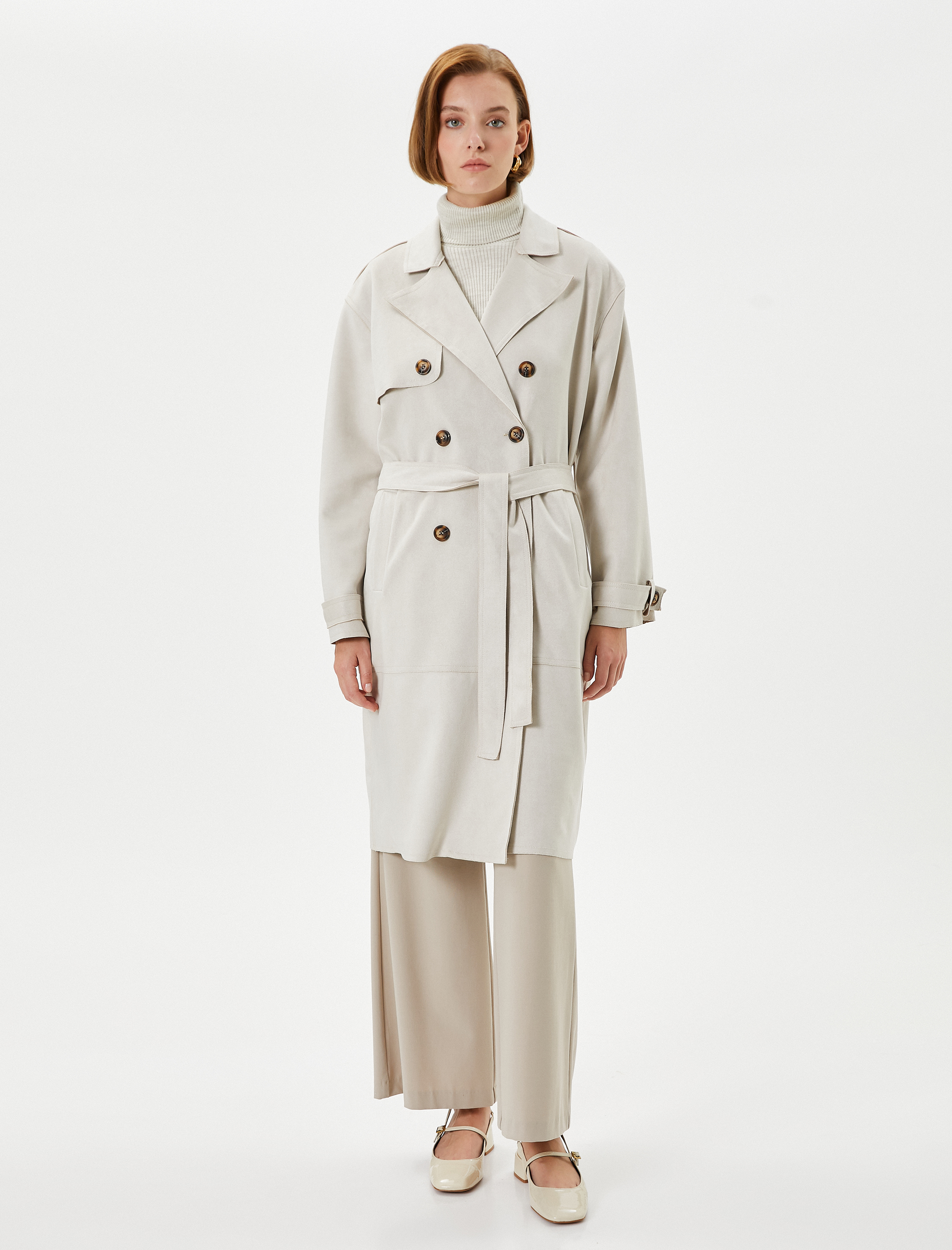   Trençkot Kruvaze Düğmeli Beli Kuşaklı Cepli