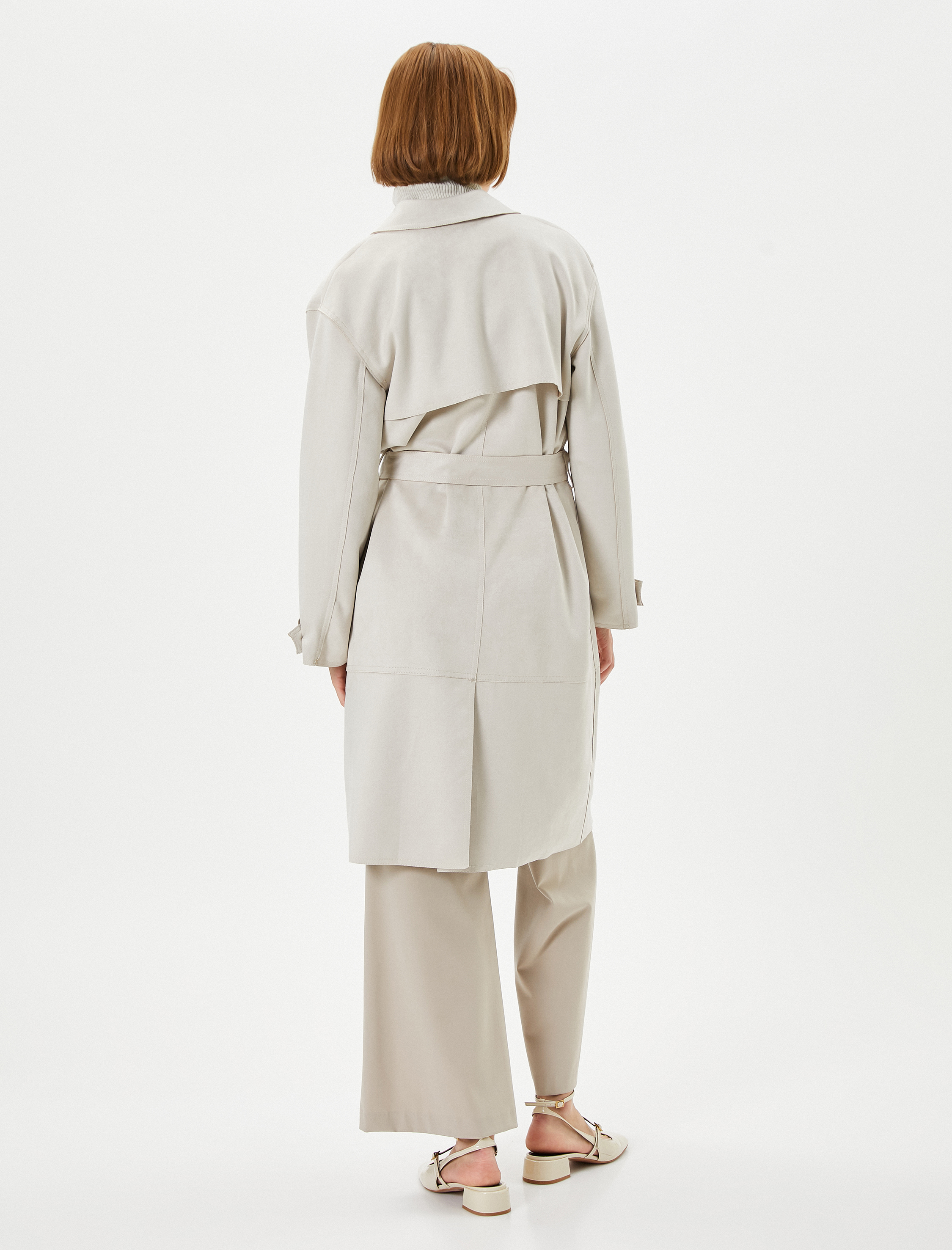   Trençkot Kruvaze Düğmeli Beli Kuşaklı Cepli