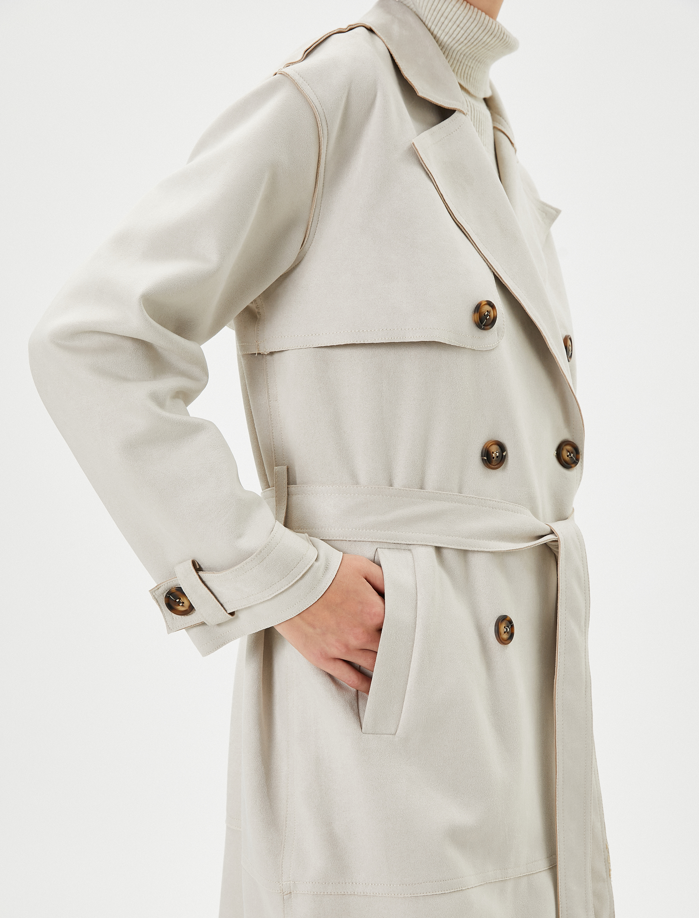   Trençkot Kruvaze Düğmeli Beli Kuşaklı Cepli