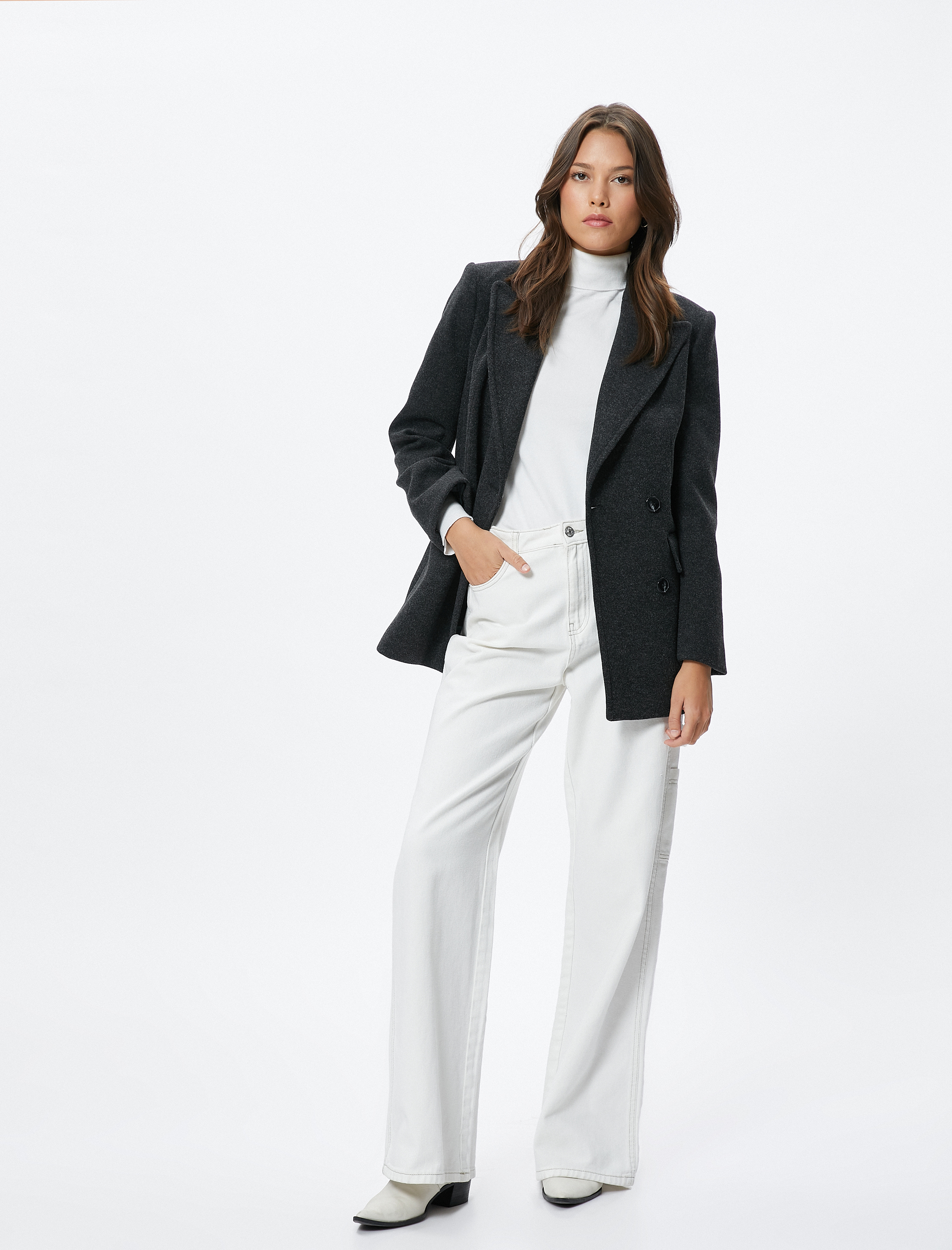   Blazer Ceket Kruvaze Düğmeli Kapaklı Cepli